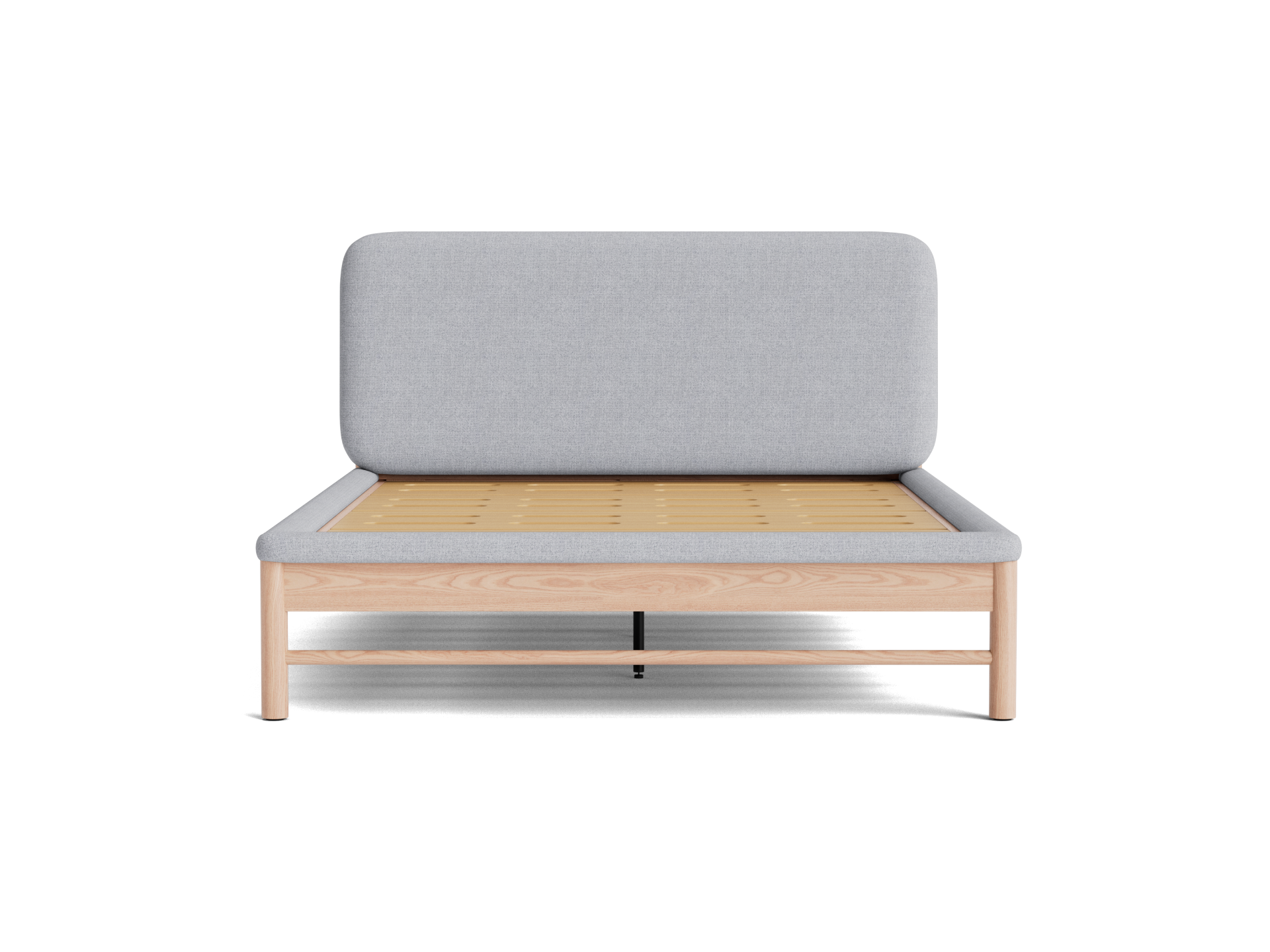 Light grey upholstered bed with a wooden base, featuring a tall cushioned headboard. Modern design, no mattress, against a plain background.