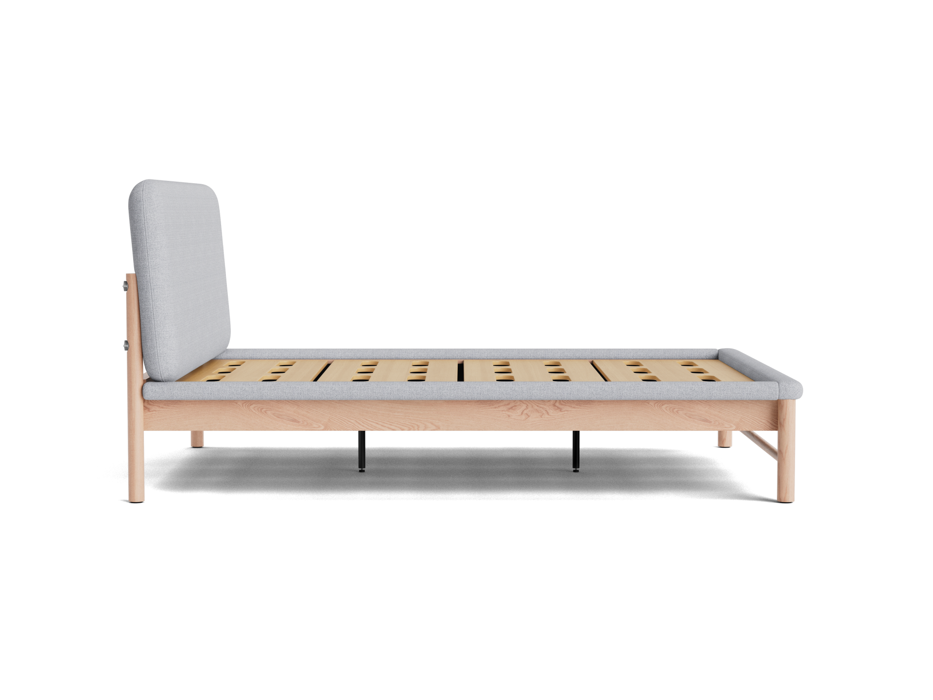 Light grey upholstered bed frame with wooden slats and a cushioned headboard. Simple modern design, suitable for a contemporary bedroom.