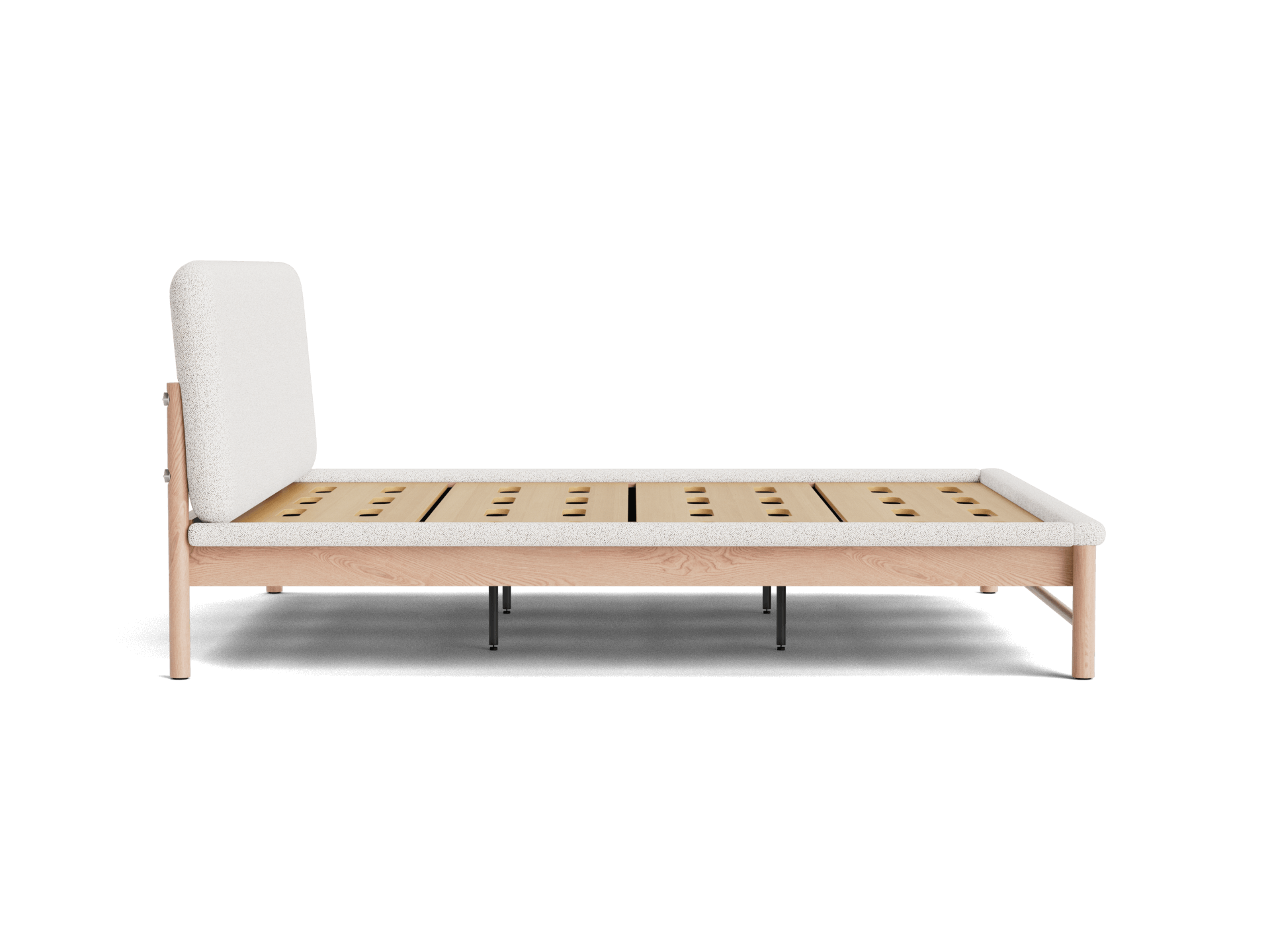 Minimalist wooden bed frame with a white upholstered headboard, featuring a slatted base and a simple, modern design.