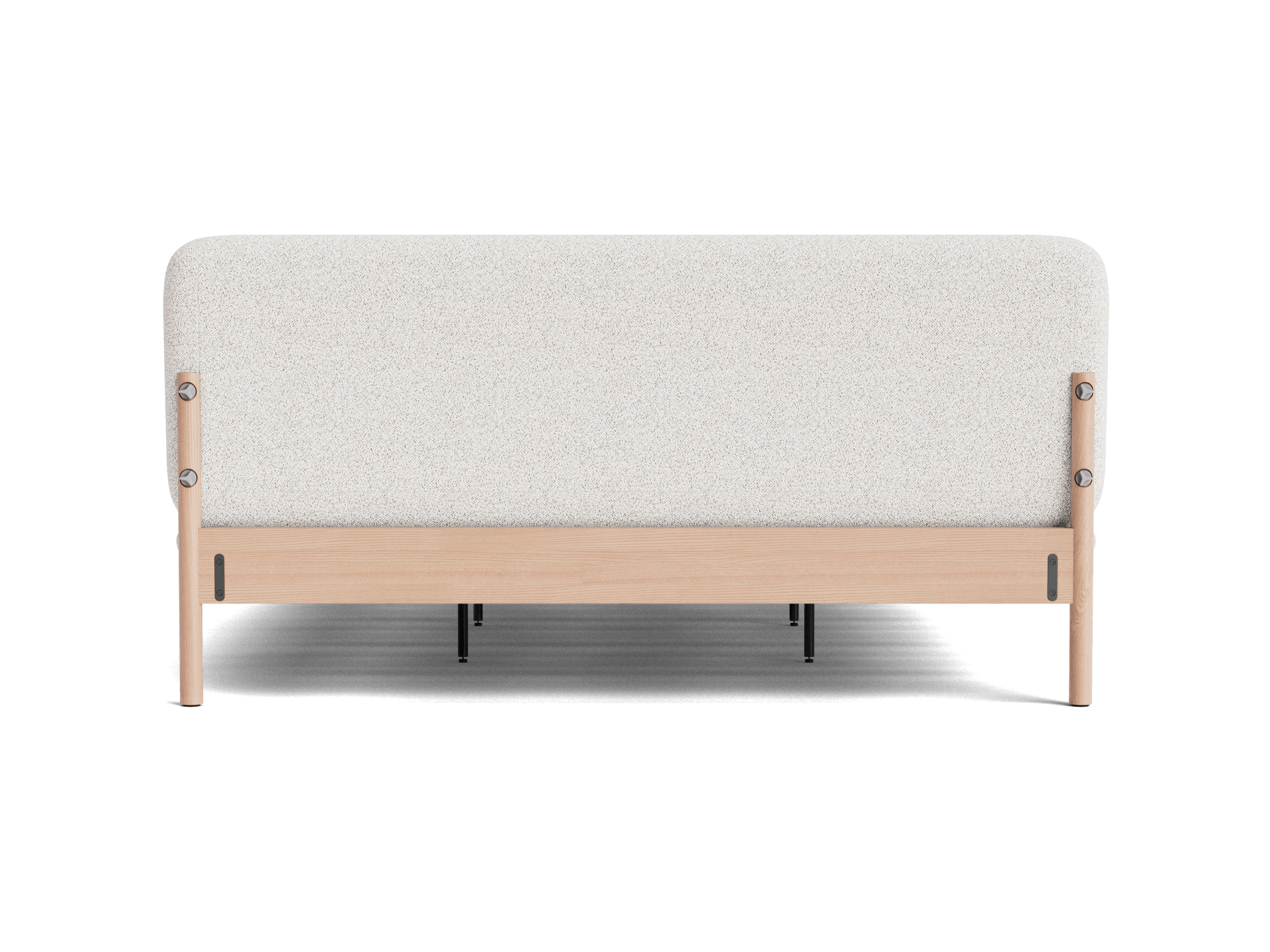 Light wooden frame sofa with a textured light grey backrest, viewed from behind. Minimalist design, ideal for modern interiors.
