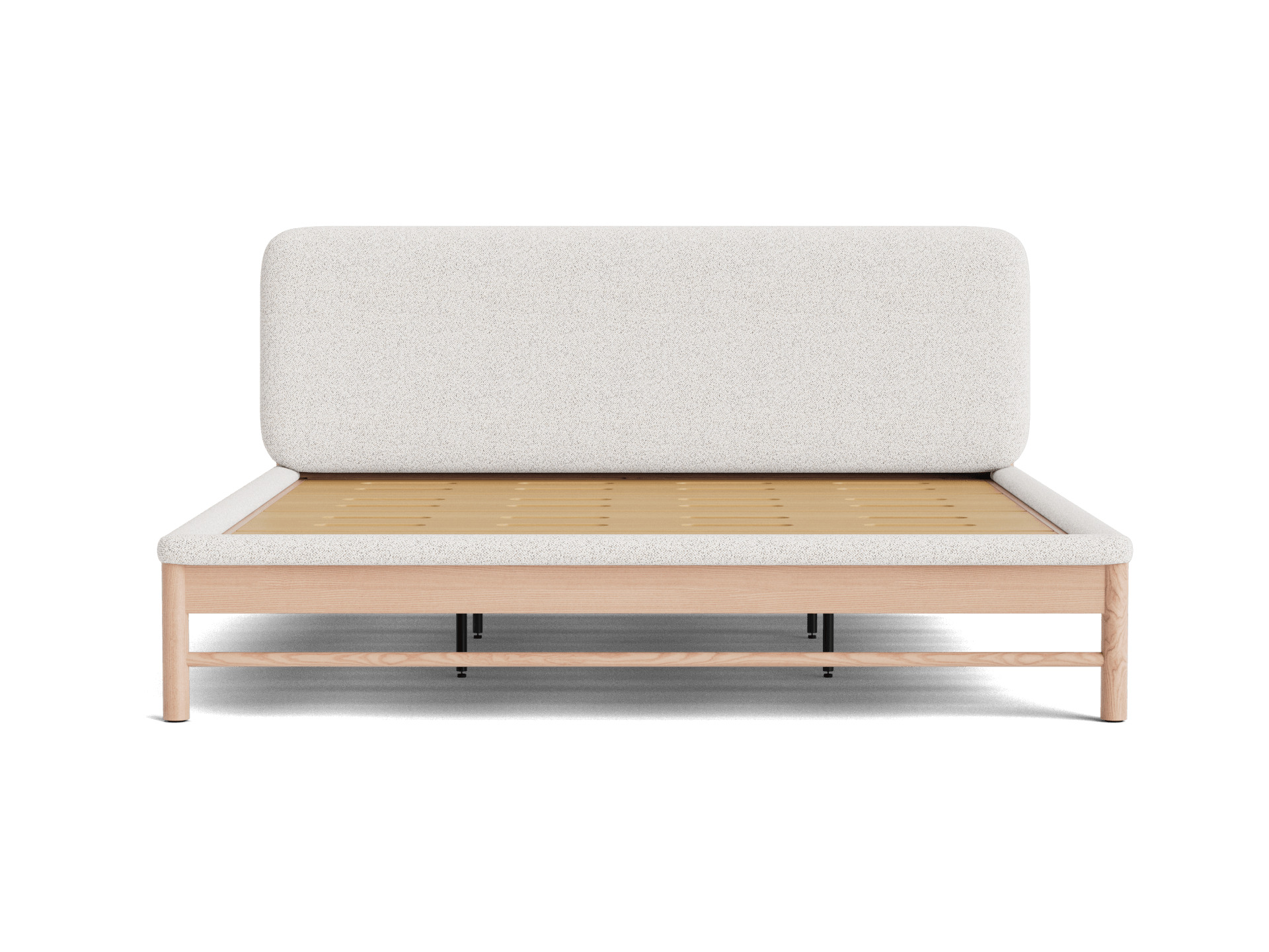 Minimalist bed frame with light grey upholstered headboard, wooden slats, and light wood frame. Simple modern design.
