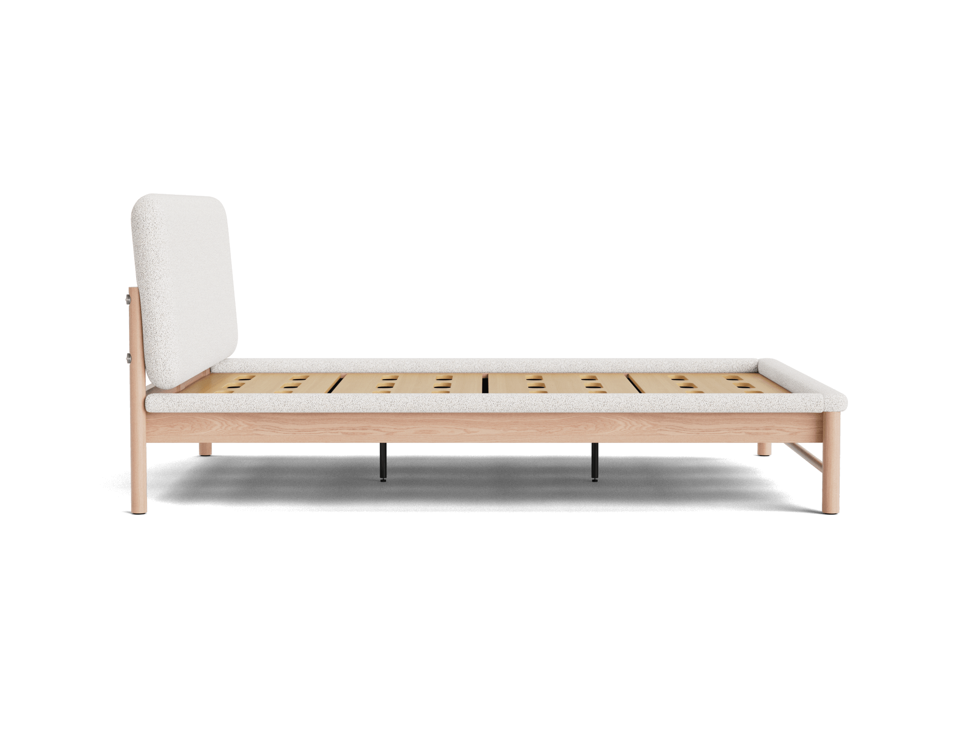 Modern wooden bed frame with light-coloured cushioning on the headboard. Minimalist slatted base and natural finish.
