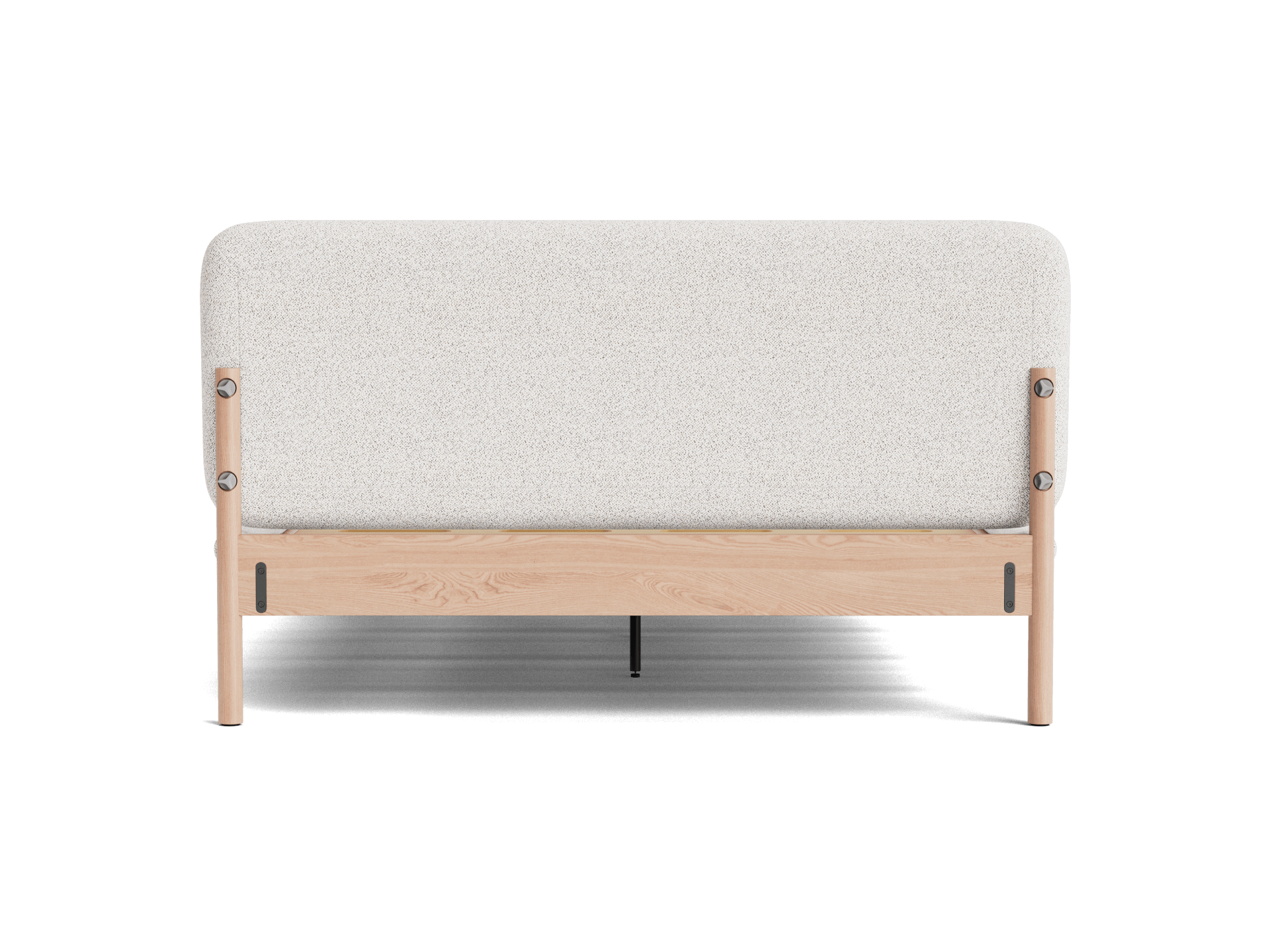 Light grey upholstered headboard with light wood frame, seen from the back. Minimalist design, suitable for bedroom decor.