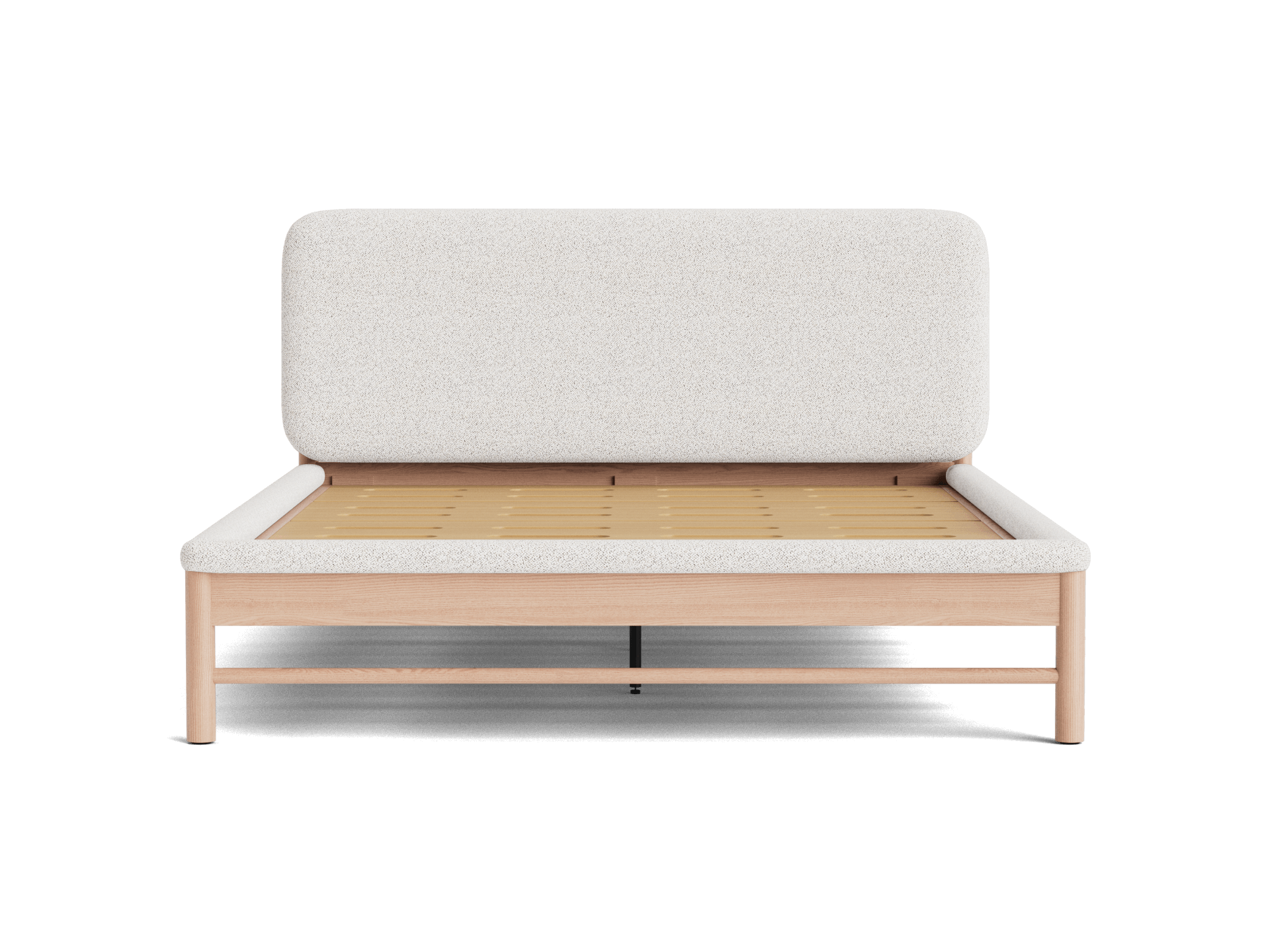 Light brown wooden bed frame with a light grey headboard, shown from the front. Minimalist and modern design.