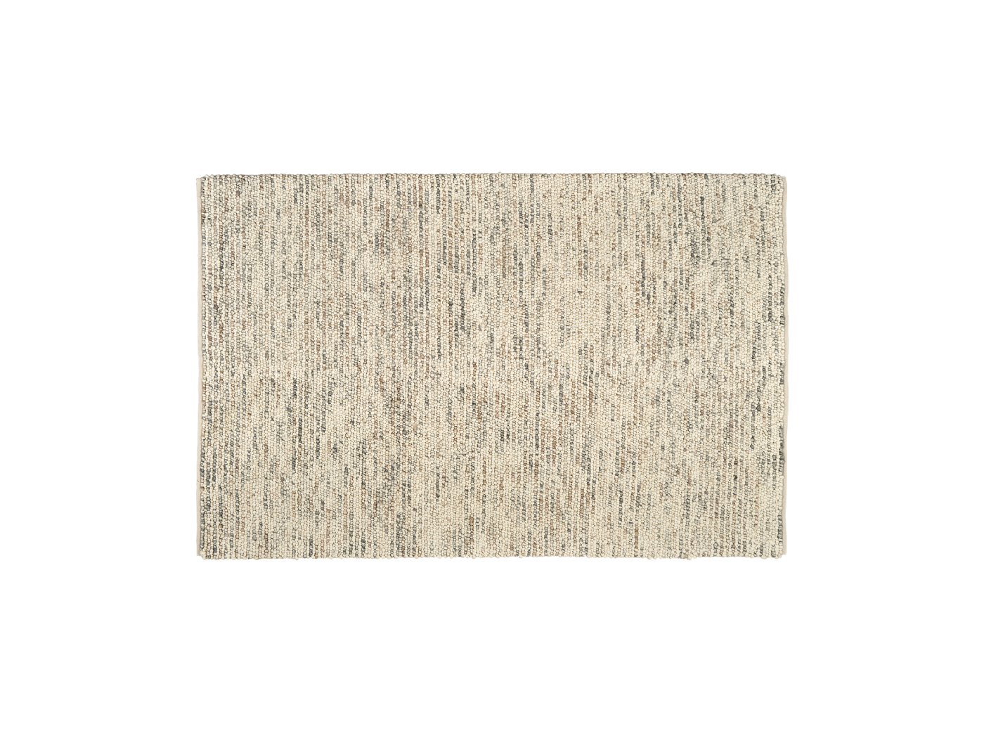 Woven beige rug with subtle grey speckles, rectangular shape. Ideal for living room or bedroom decor.