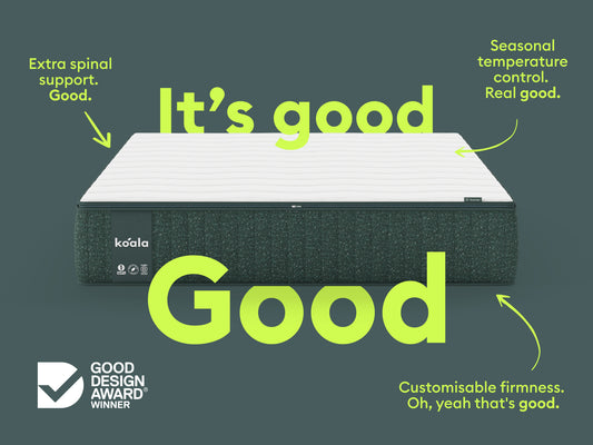 Mattress with dark green sides and white top, highlighting extra spinal support, customisable firmness, and seasonal temperature control.