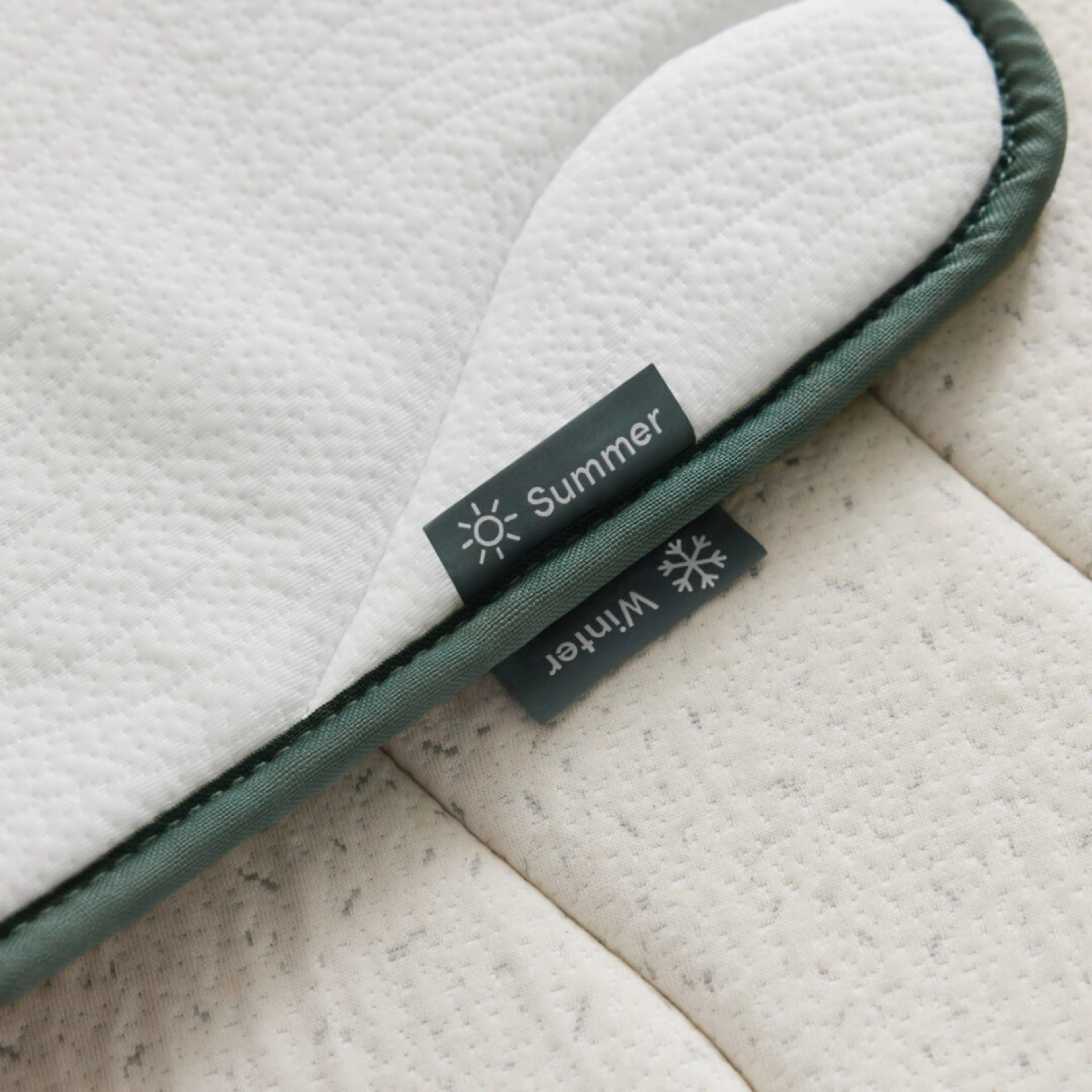 Close-up of a white reversible mattress pad with green edging, featuring "Summer" and "Winter" labels for seasonal use.