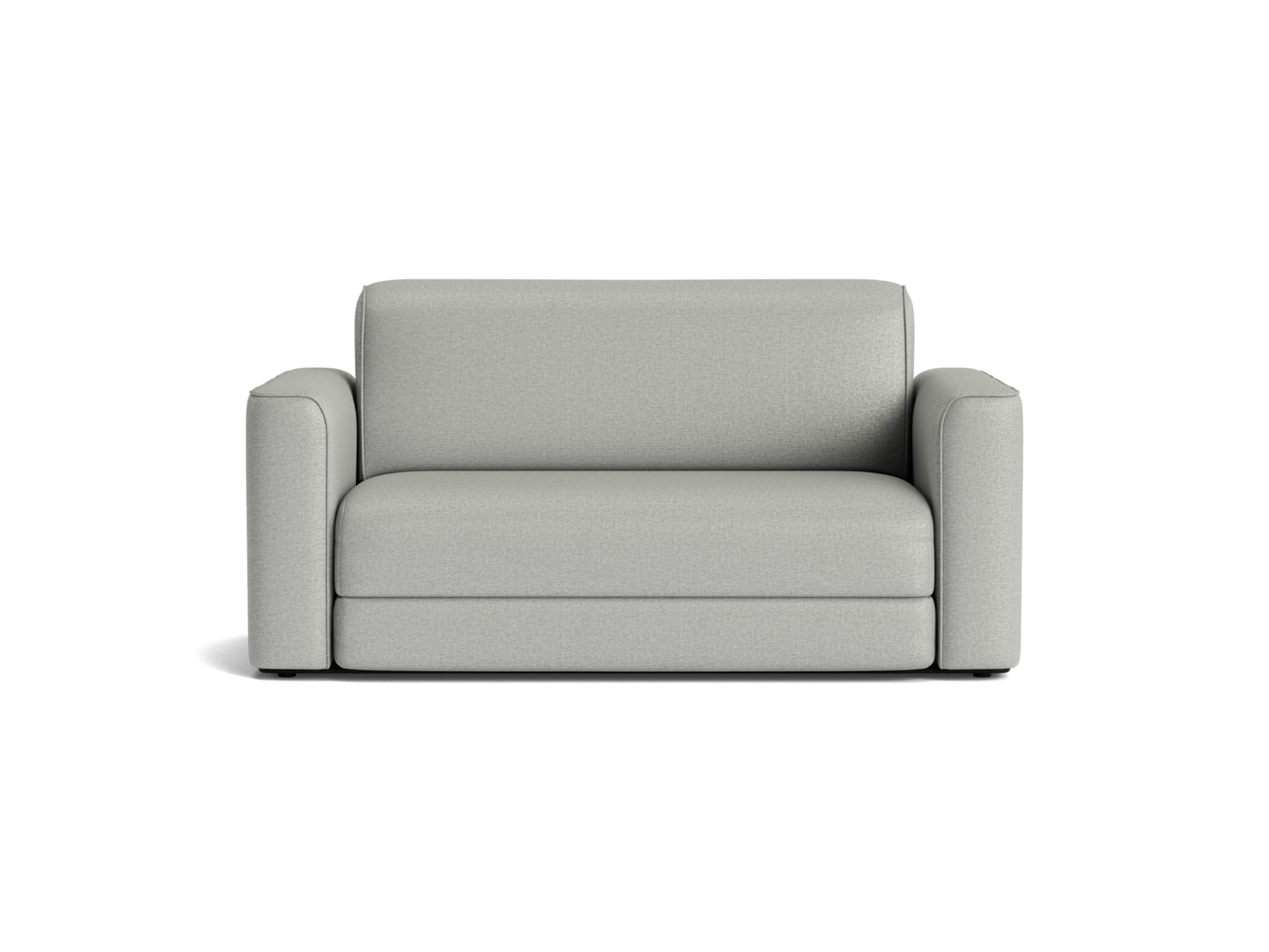 Light grey sofa with plush cushions and rounded armrests, set against a plain background.