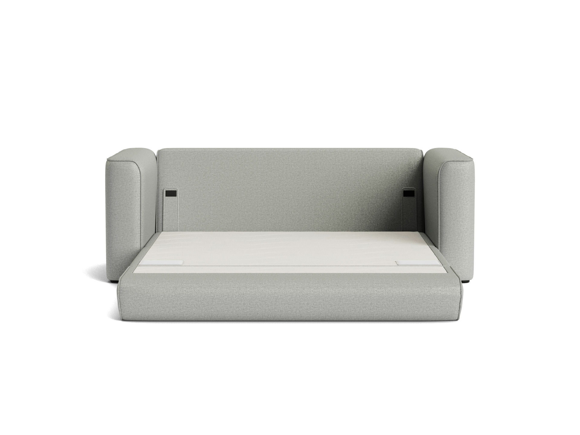 Light grey sofa bed with a minimalist design, featuring thick, smooth armrests and an extended mattress section.