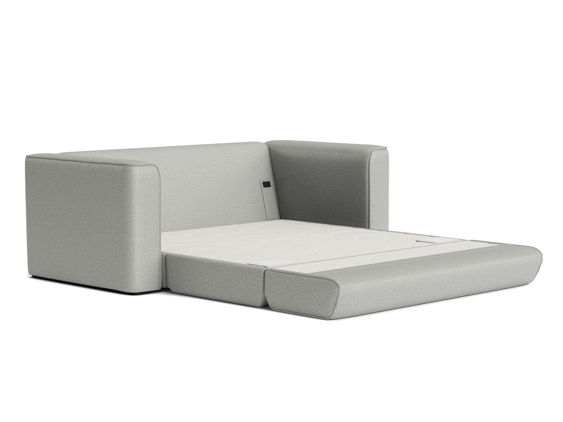 Light grey fabric sofa bed unfolded into a bed. Modern design with clean lines and plush cushioning.