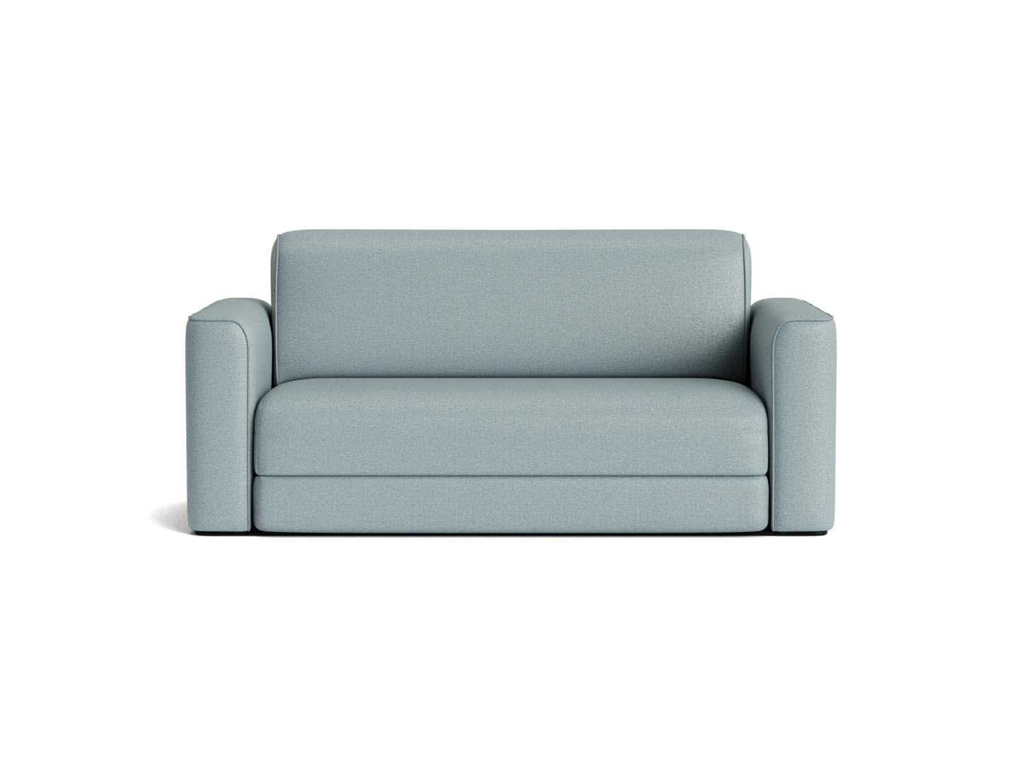 Light grey sofa with cushioned arms and backrest, simple and modern design, set against a plain background.