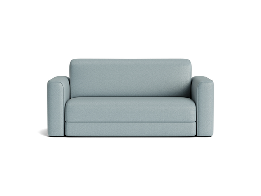 Light grey sofa with cushioned arms and backrest, simple and modern design, set against a plain background.