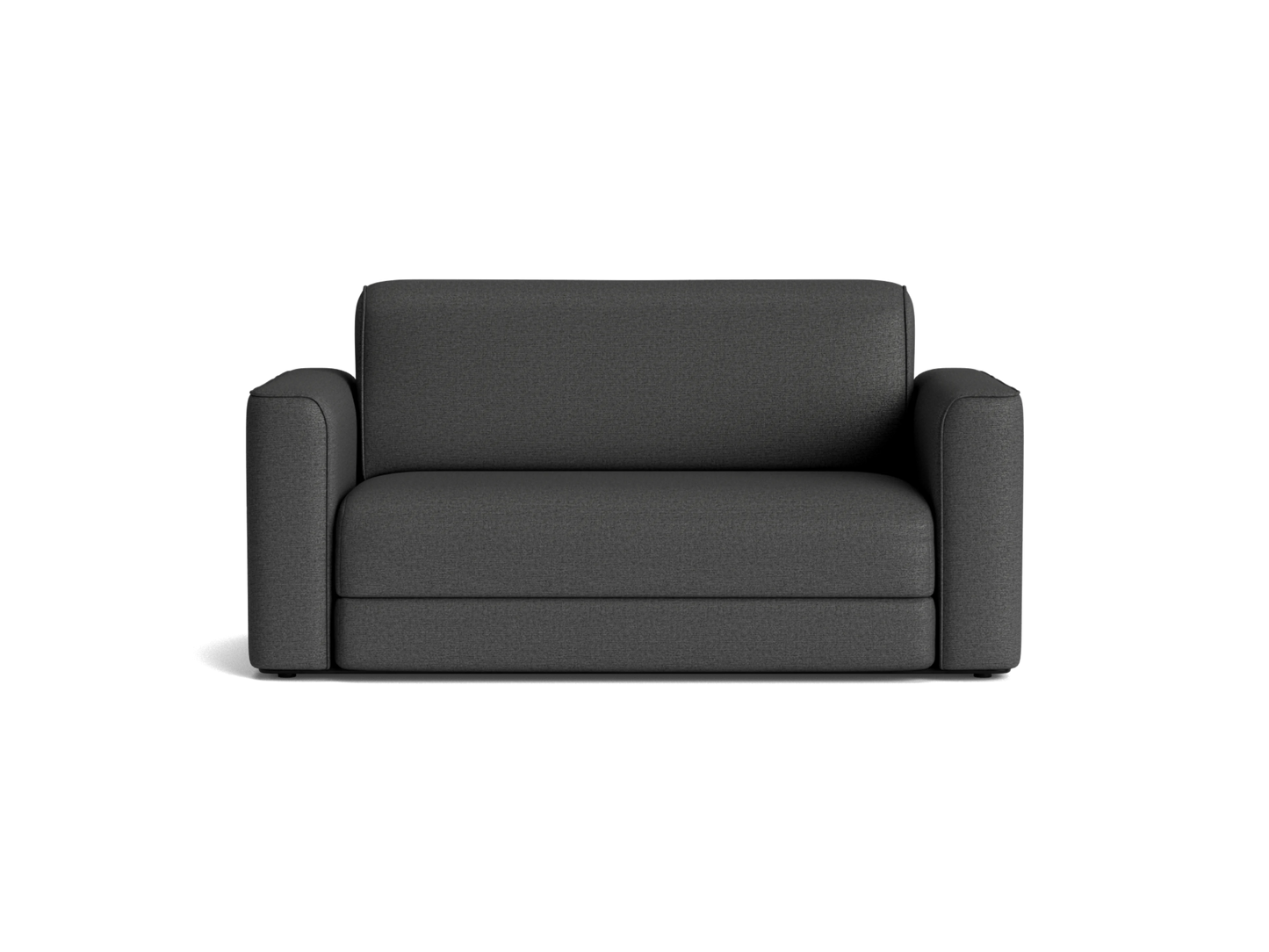 Dark grey two-seater couch with rounded arms and a minimalist design on a white background.