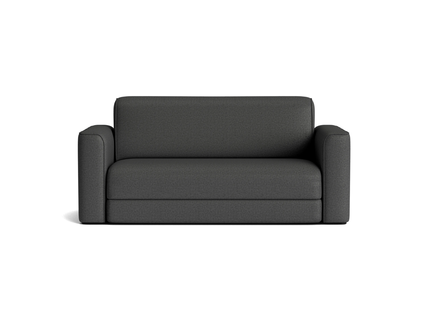 Dark grey two-seater sofa with rounded arms and cushioned backrest, set against a plain background.