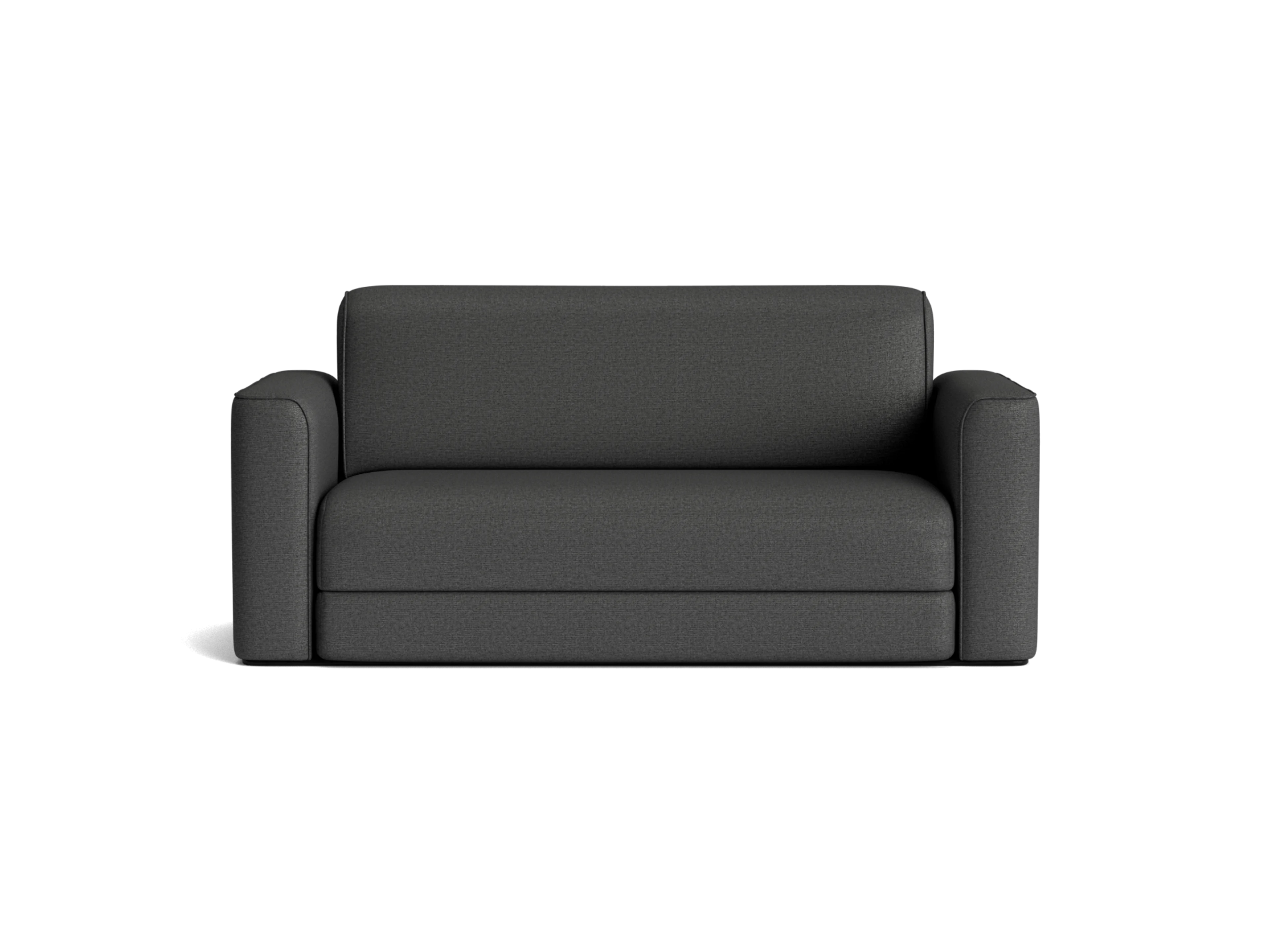 Dark grey two-seater sofa with rounded arms and cushioned backrest, set against a plain background.