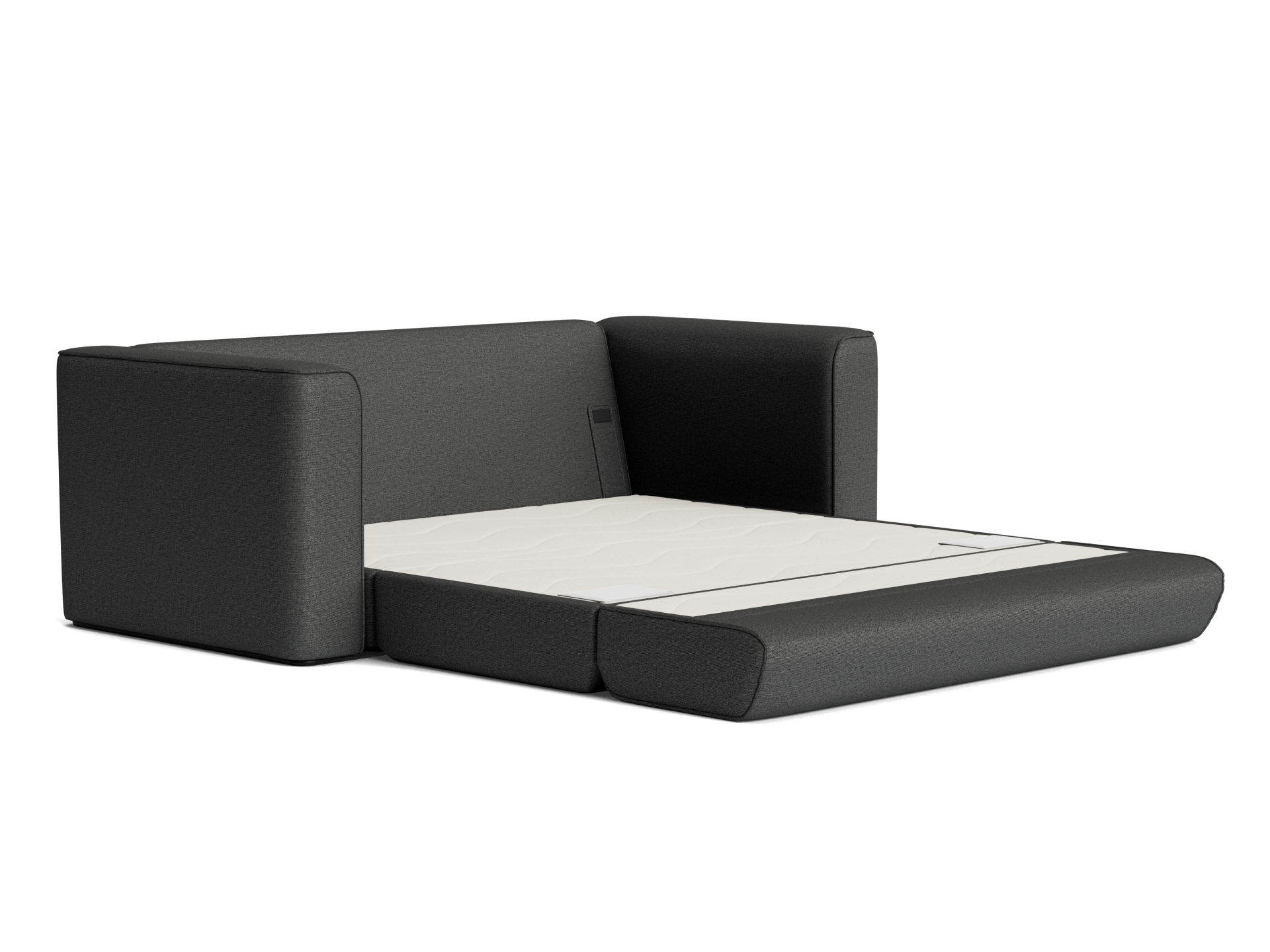Dark grey sofa bed, unfolded into a bed with a white mattress. Modern design, rectangular arms, and minimalist style.
