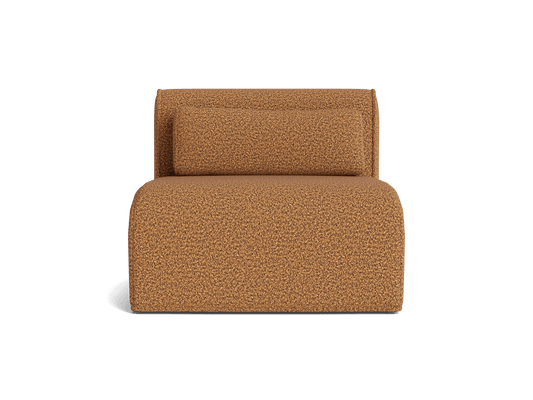 Brown textured armless sofa chair with a matching cylindrical cushion, featuring a minimalist design. Front view.