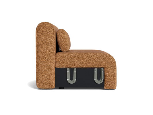 Brown upholstered sofa seat with a matching cushion and black base featuring silver accents, shown from the side view against a white background.