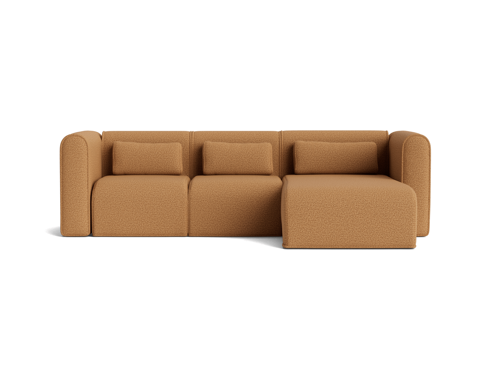 Tan modular sofa with three cushions, featuring a chaise on the right side.