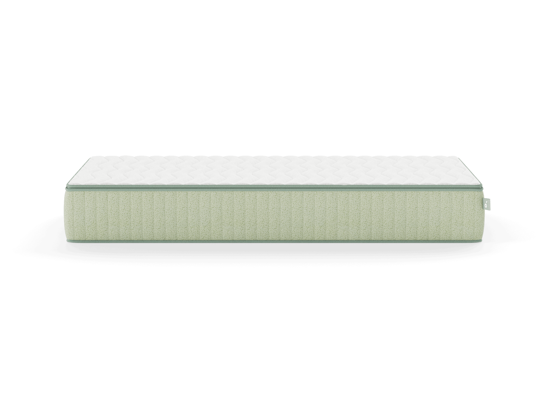 Green mattress with a white quilted top, rectangular shape, viewed from the side. Perfect for bedroom comfort and support.