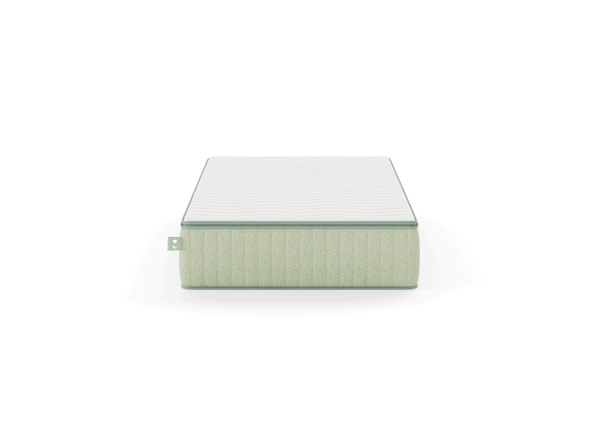 A light grey and green mattress with a quilted design, viewed from the side, featuring a fabric handle.