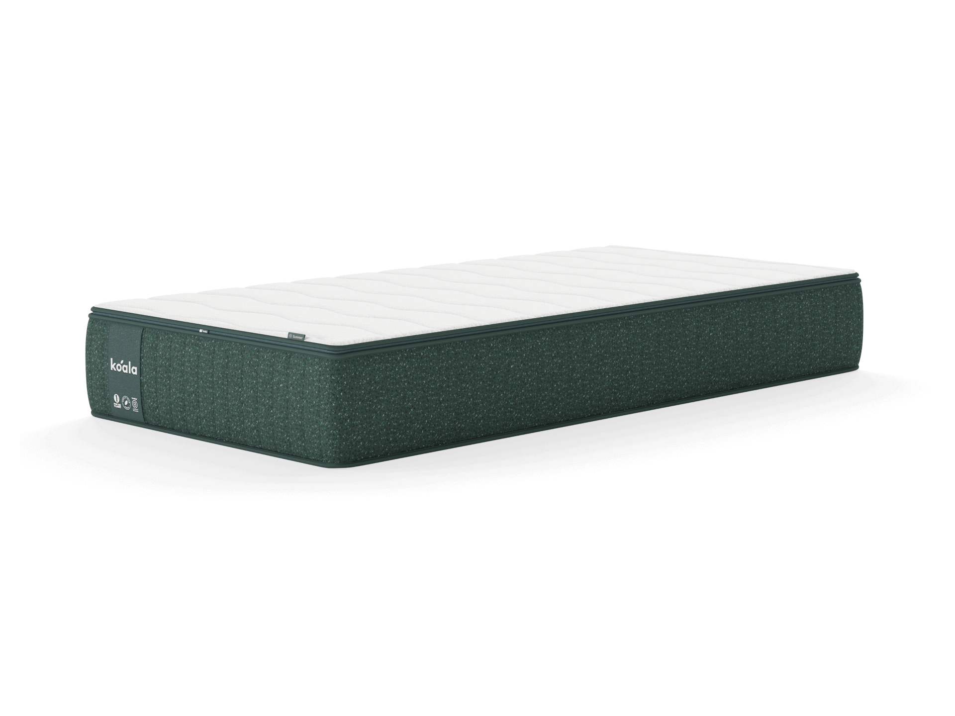 Dark green single mattress with a white top and textured sides, isolated on a white background.