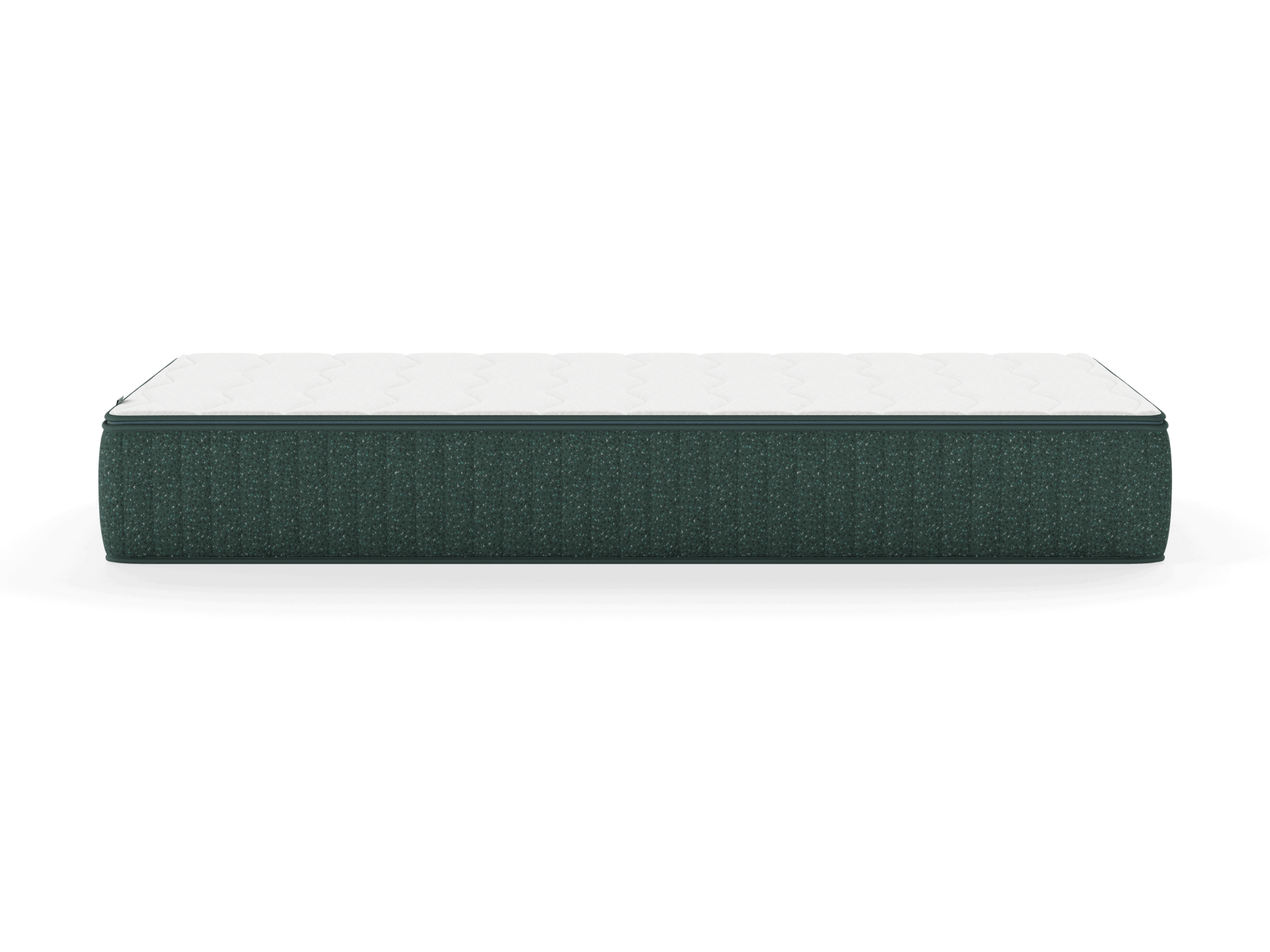 Mattress with a white top and dark green side, designed for support and comfort. Ideal for bedrooms, offering plush sleeping experiences.