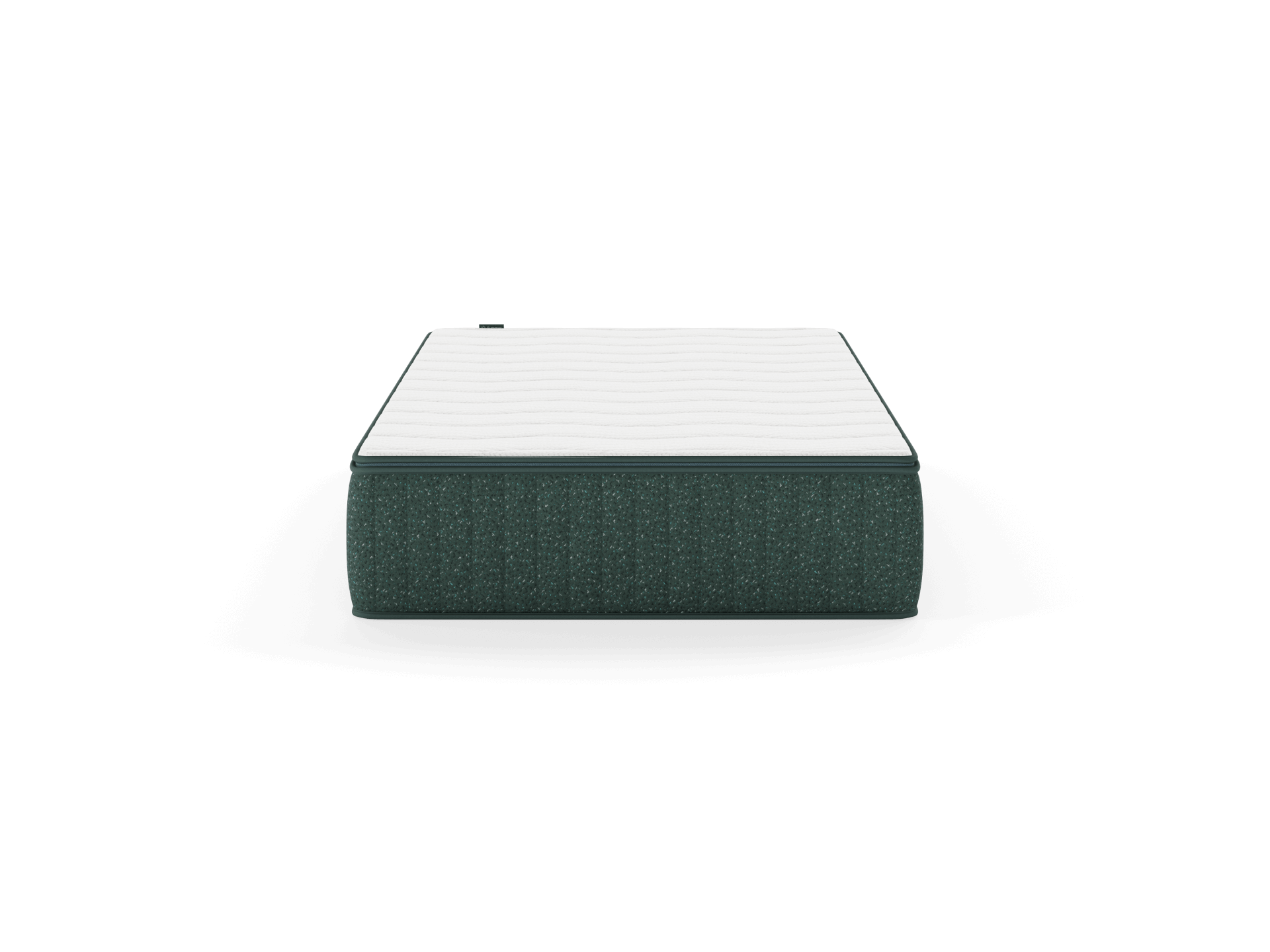 Front view of a white mattress with a textured dark green base, isolated on a white background.