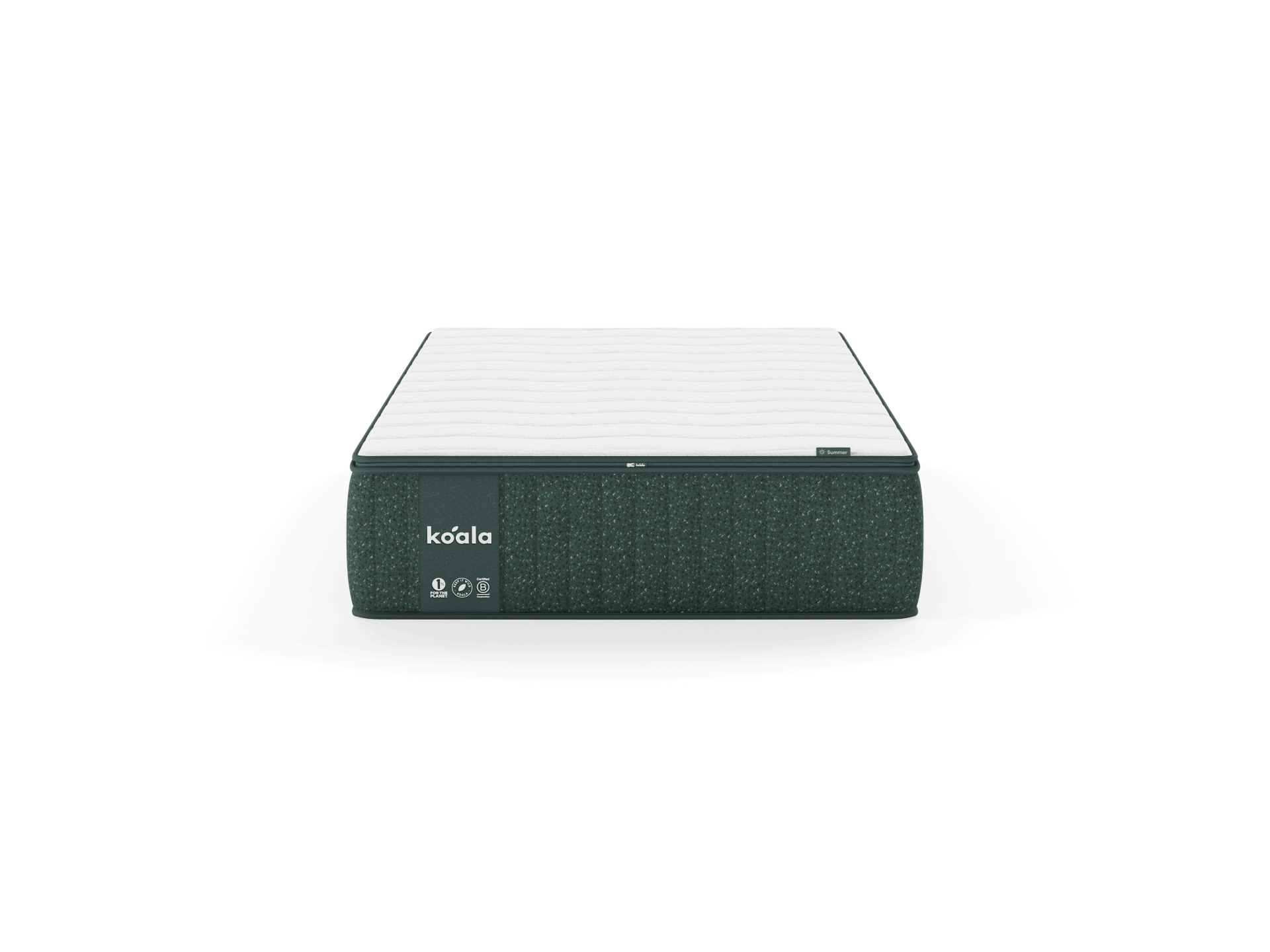 White and dark green mattress with the Koala logo, featuring a quilted top and eco-friendly icons on the side.
