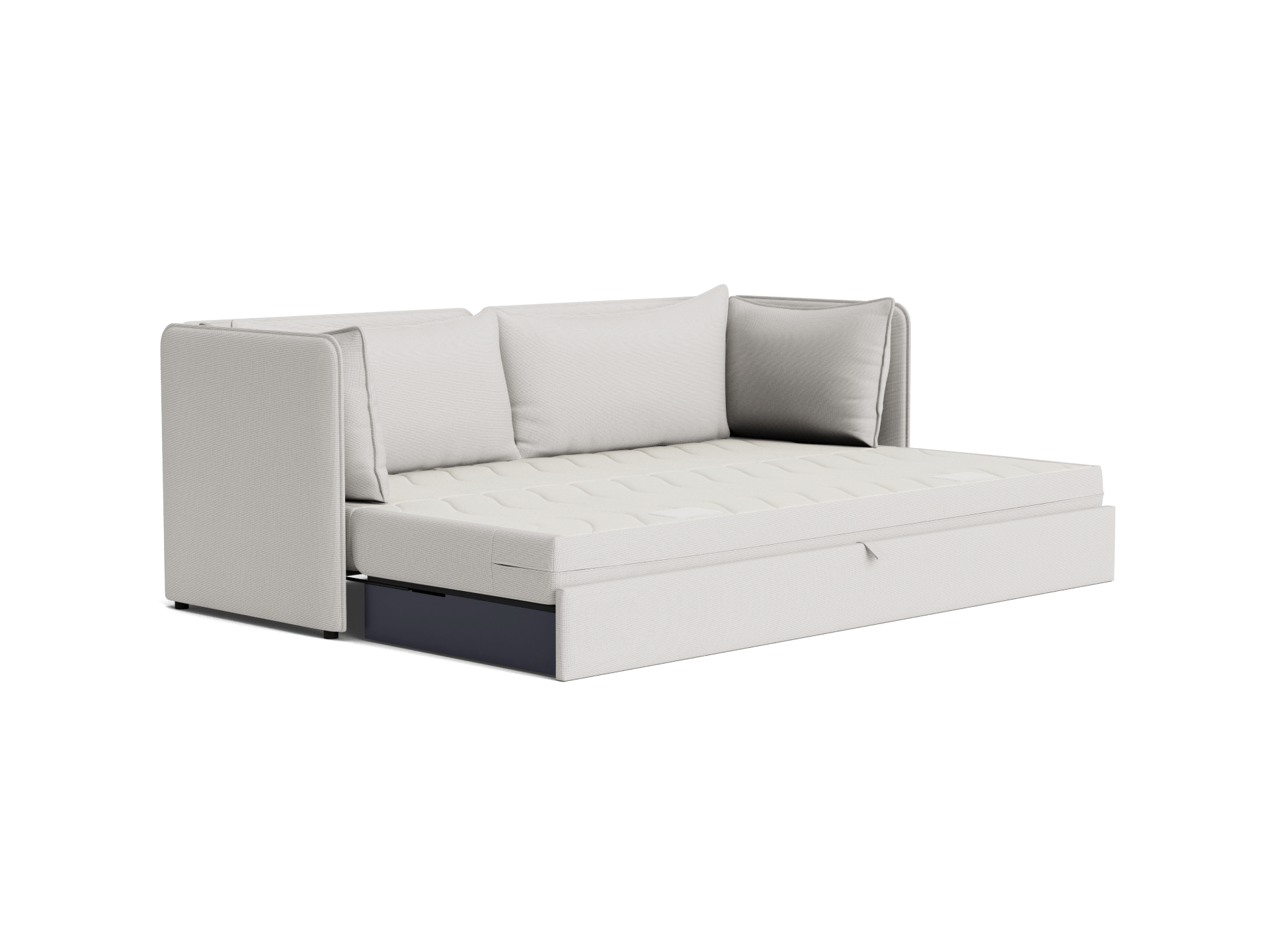 Light grey sofa bed with armrests, thick cushions, and a pull-out base on a white background.