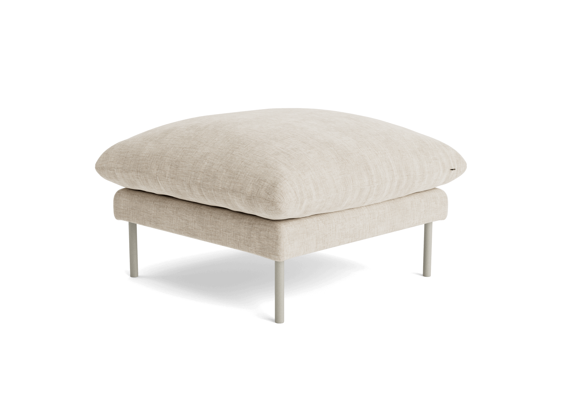 Light beige ottoman with a cushioned top and sleek metallic legs, ideal for modern living spaces.