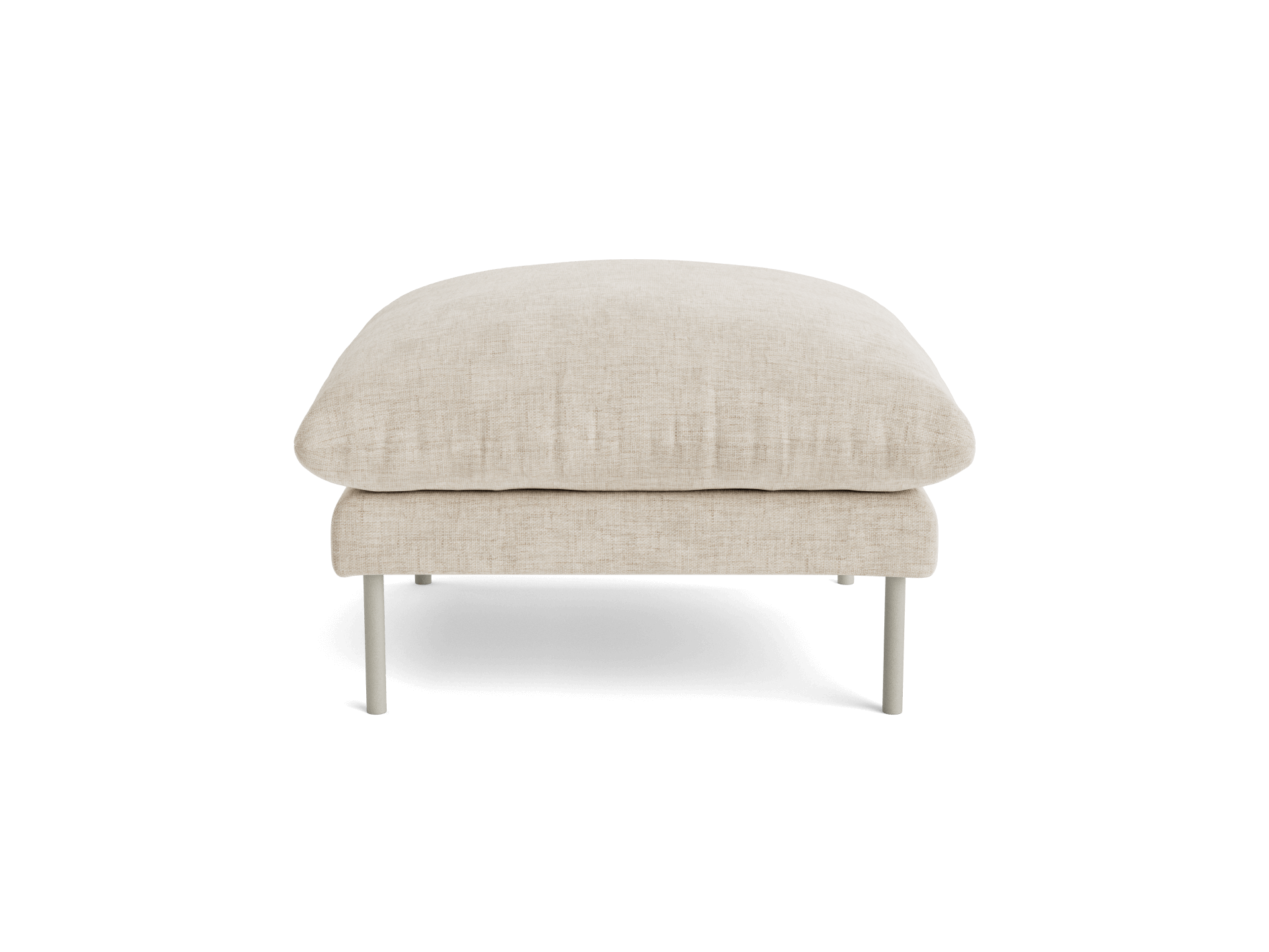 Beige linen ottoman with a plush cushion top and slim metallic legs, on a white background. Ideal for modern living spaces.
