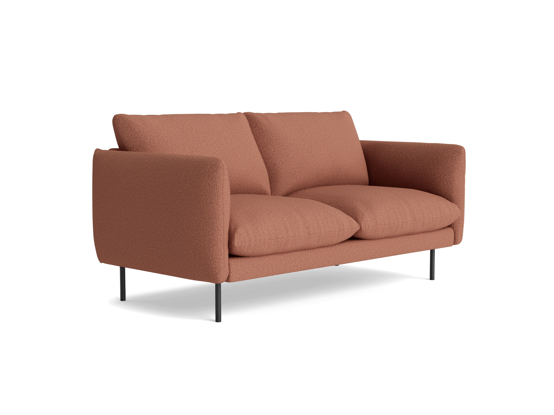 Light brown sofa with plush cushions and sleek black legs, set against a white background.