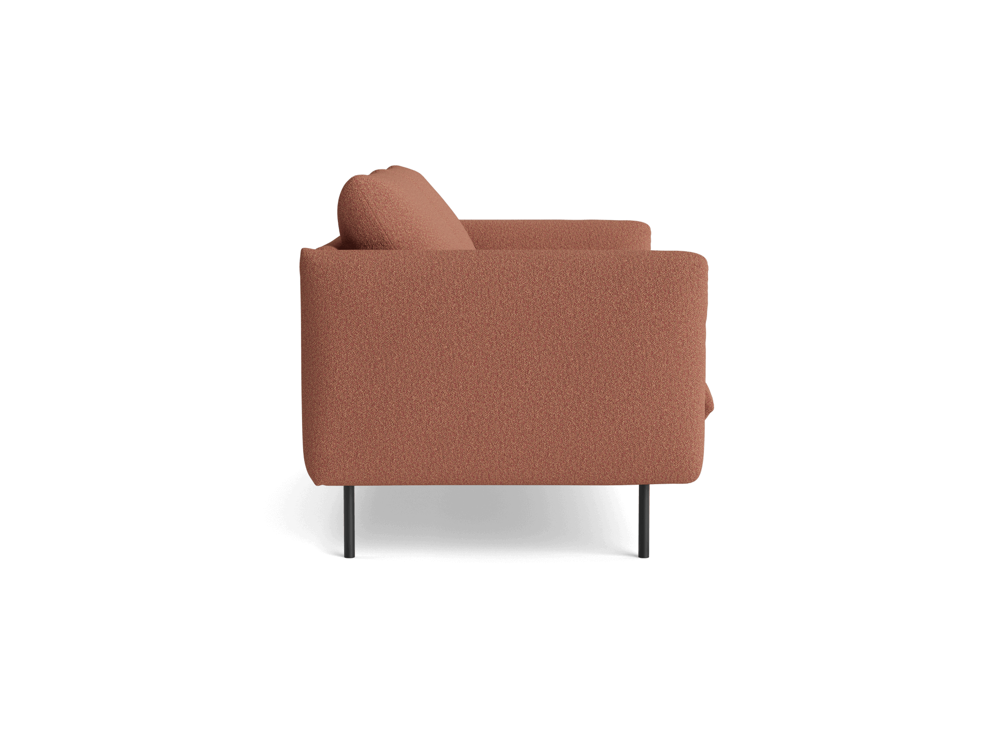 Side view of a modern two-seater couch in a solid terracotta colour with slim black metal legs.