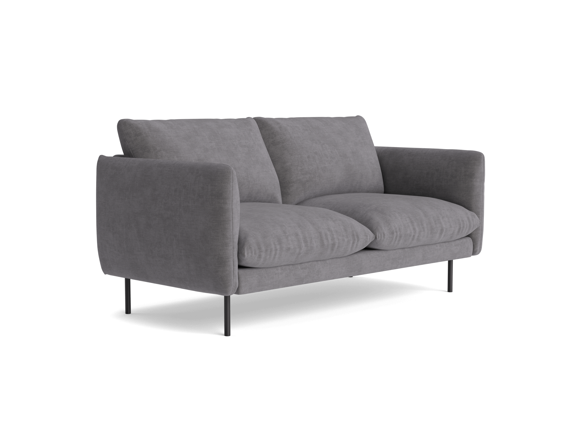 Two-seater dark grey sofa with plush cushions and slender black metal legs, suitable for modern living room decor.