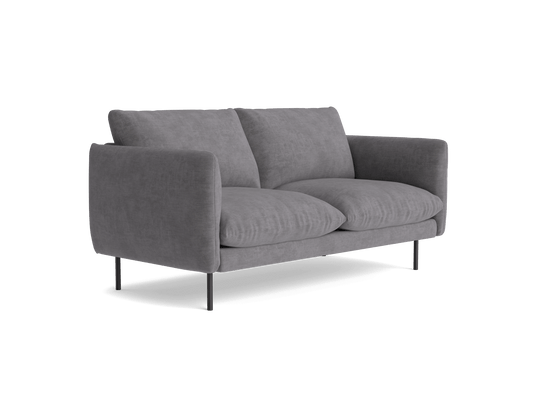 Two-seater dark grey sofa with plush cushions and slender black metal legs, suitable for modern living room decor.