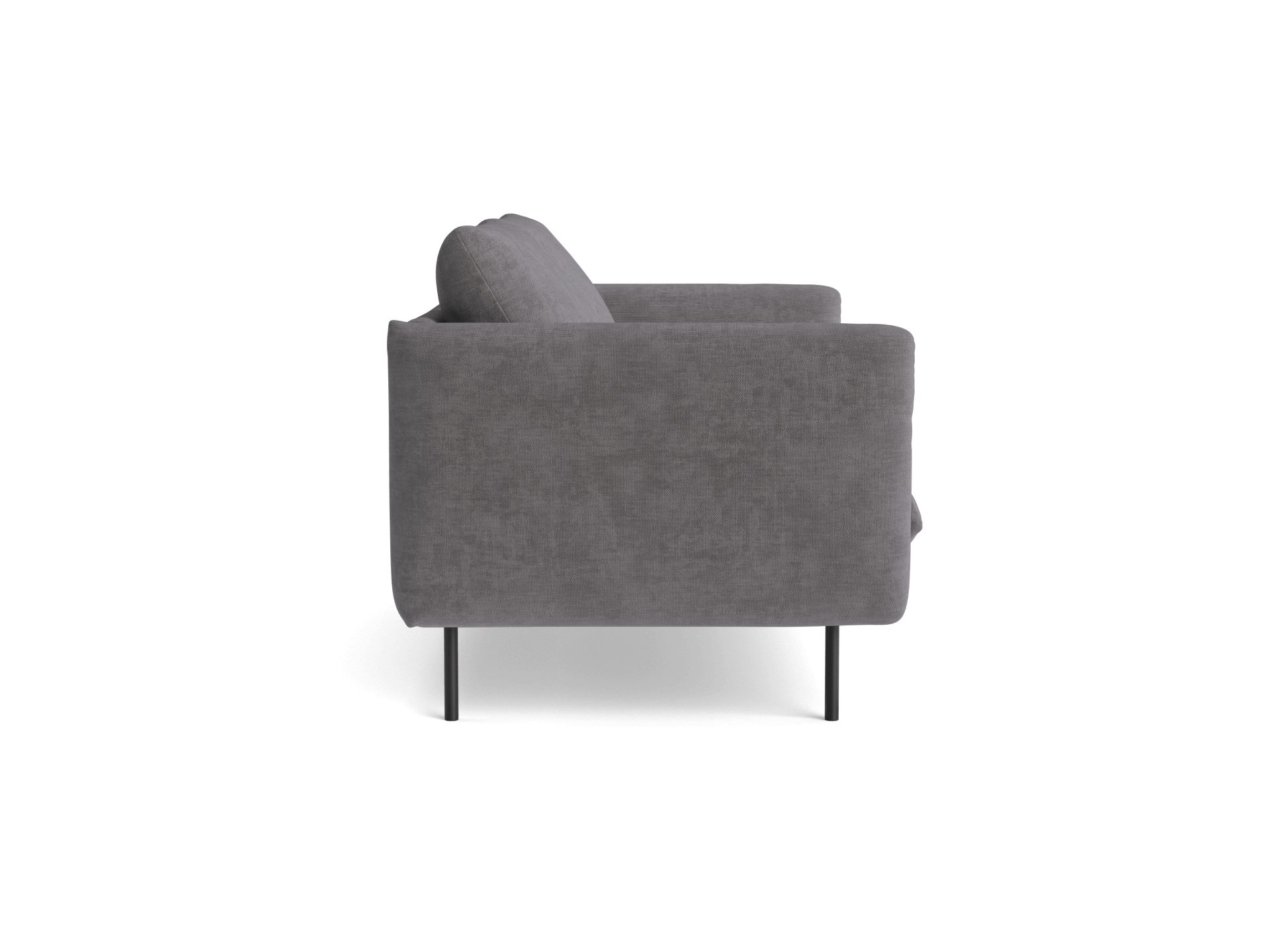 Side view of a modern dark grey sofa with metal legs. Minimalist design, soft upholstery. Ideal for contemporary living room or office space.