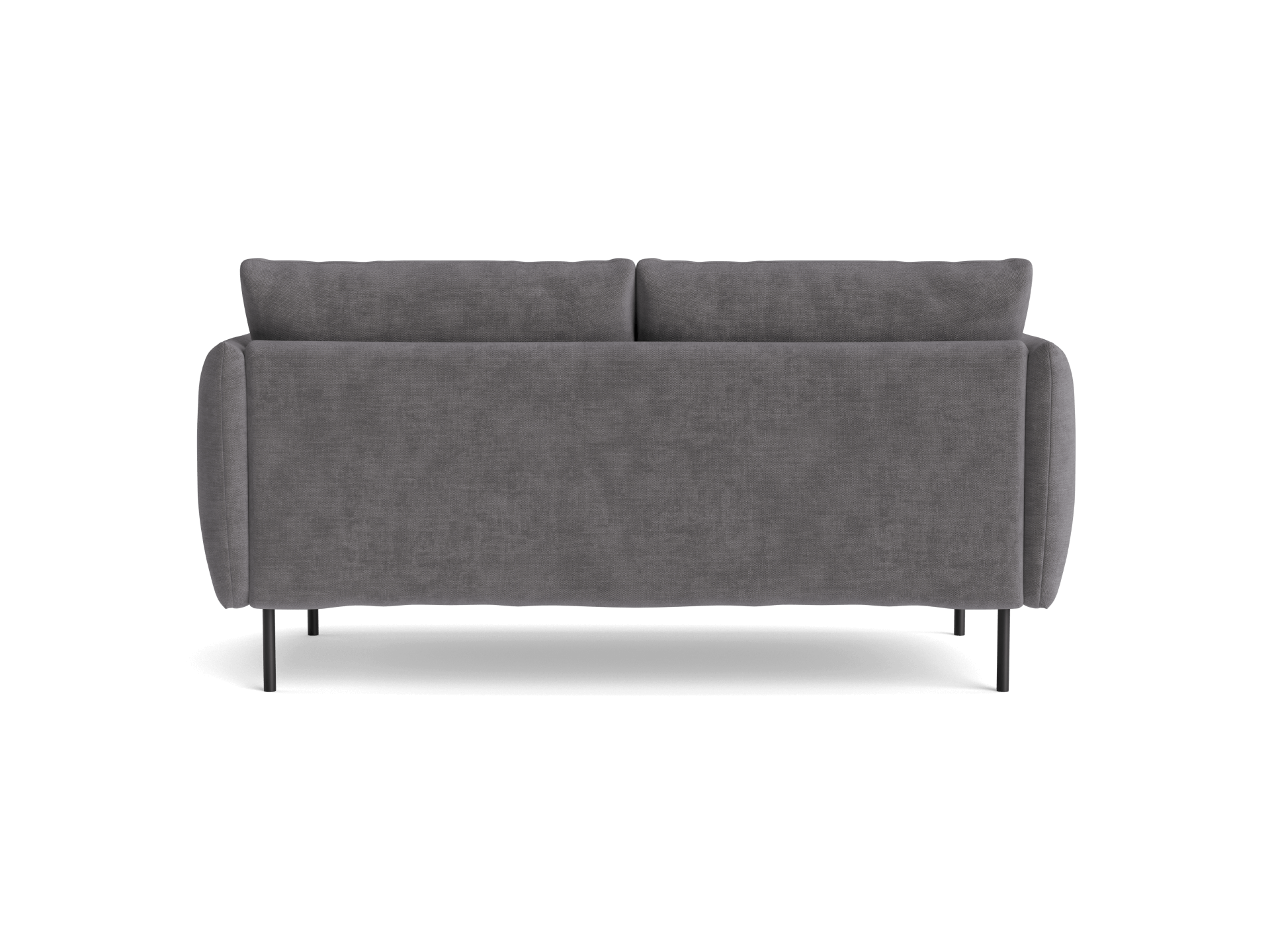 Rear view of a dark grey fabric sofa with two back cushions and slim black legs.
