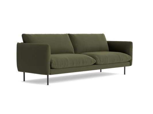 Olive green, modern, three-seater sofa with clean lines and slim black legs. Suitable for contemporary living rooms.