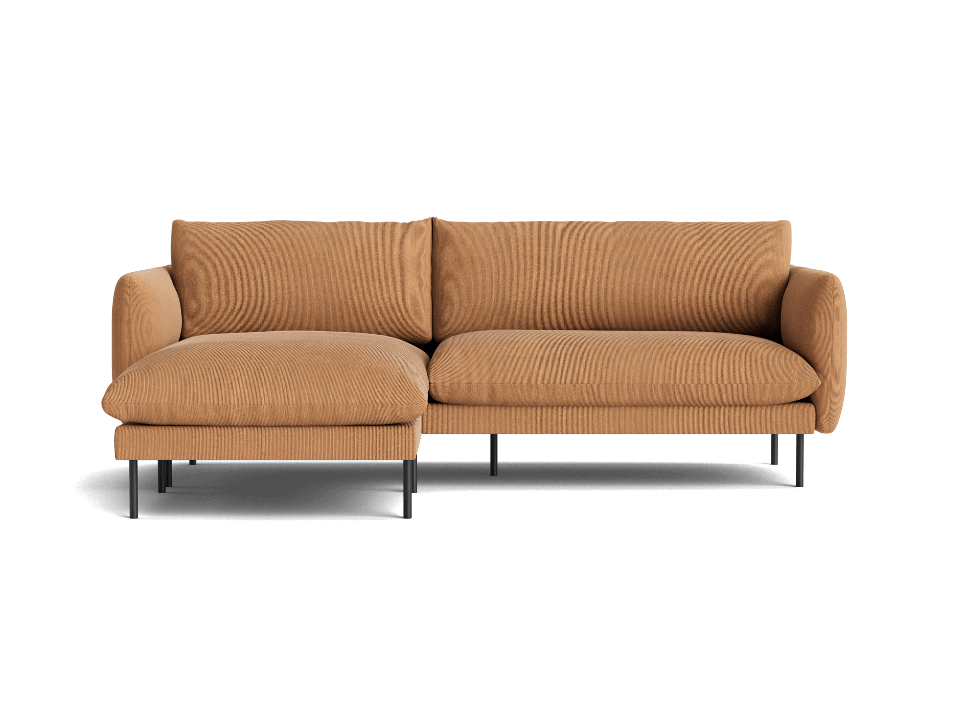 Brown L-shaped sofa with a chaise on the left side, featuring sleek black legs and plush cushions.
