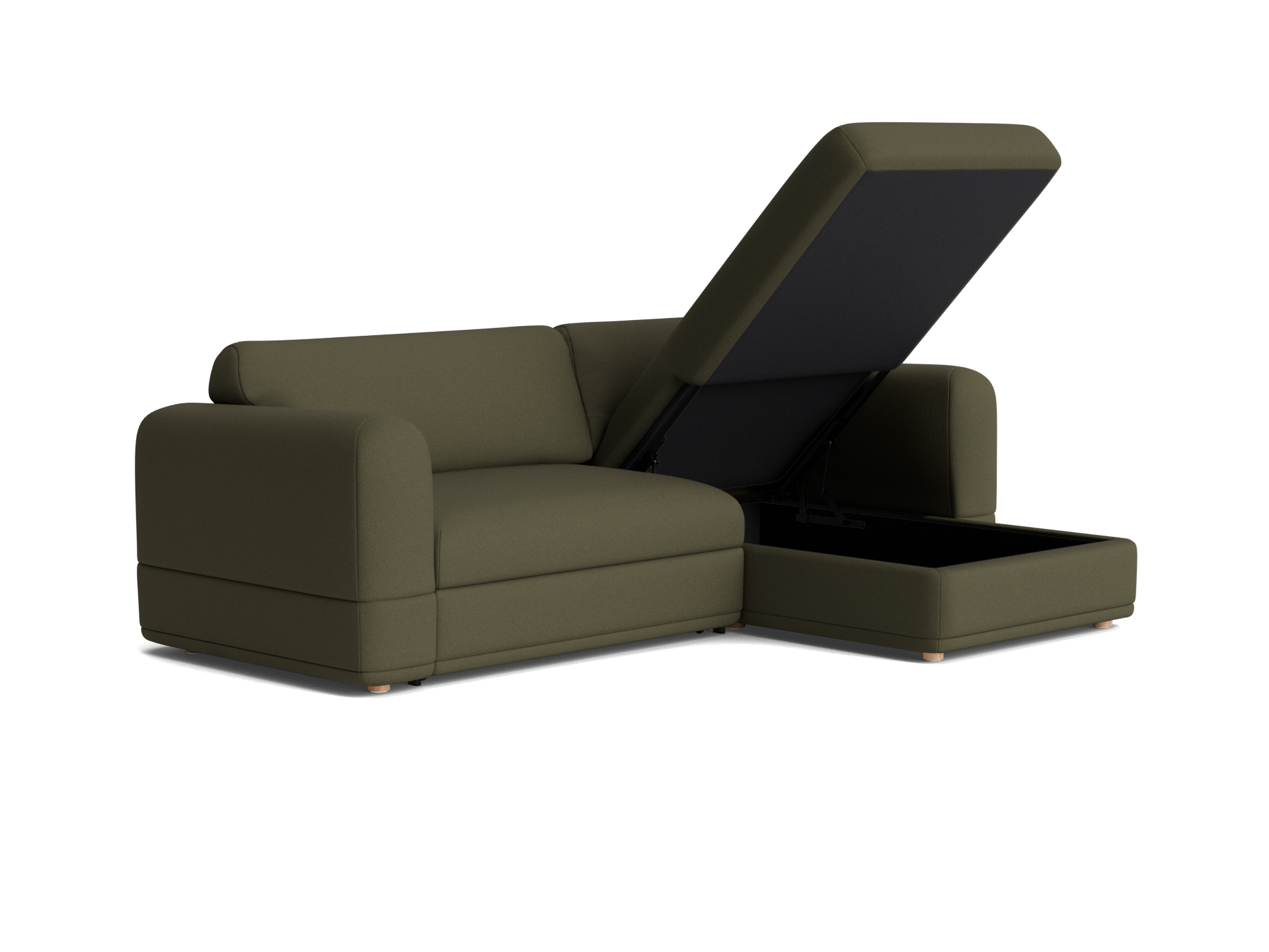 Olive green modular sofa with left-side storage chaise. The chaise lounge is open, revealing a black inner compartment.