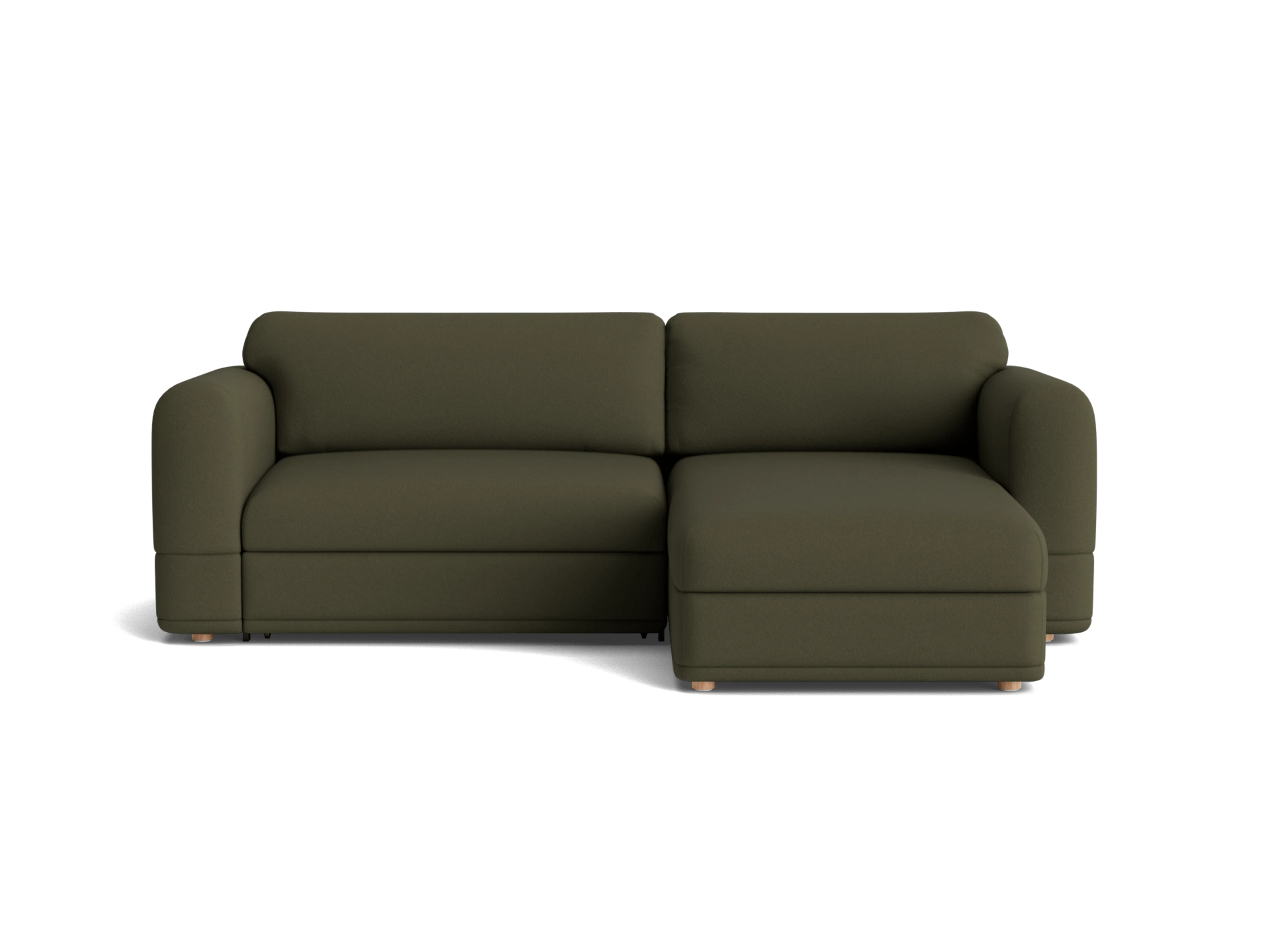 Olive green sectional sofa with rounded arms and a chaise on the right. Modern design, cushioned seating, wooden legs, against a plain background.