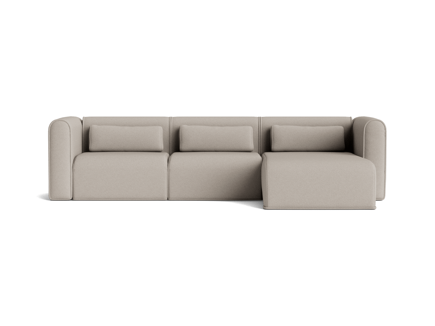 Light grey sectional sofa with three cushions and a right-side chaise. Modern design, upholstered fabric, for living room seating.