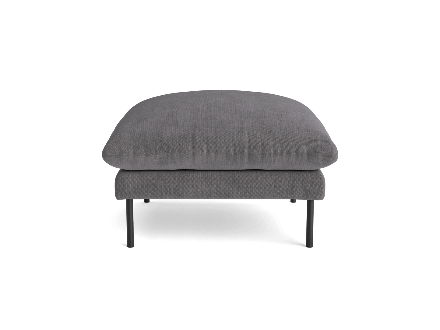 Grey ottoman with a soft cushion and sleek black metal legs, ideal for modern living room decor.