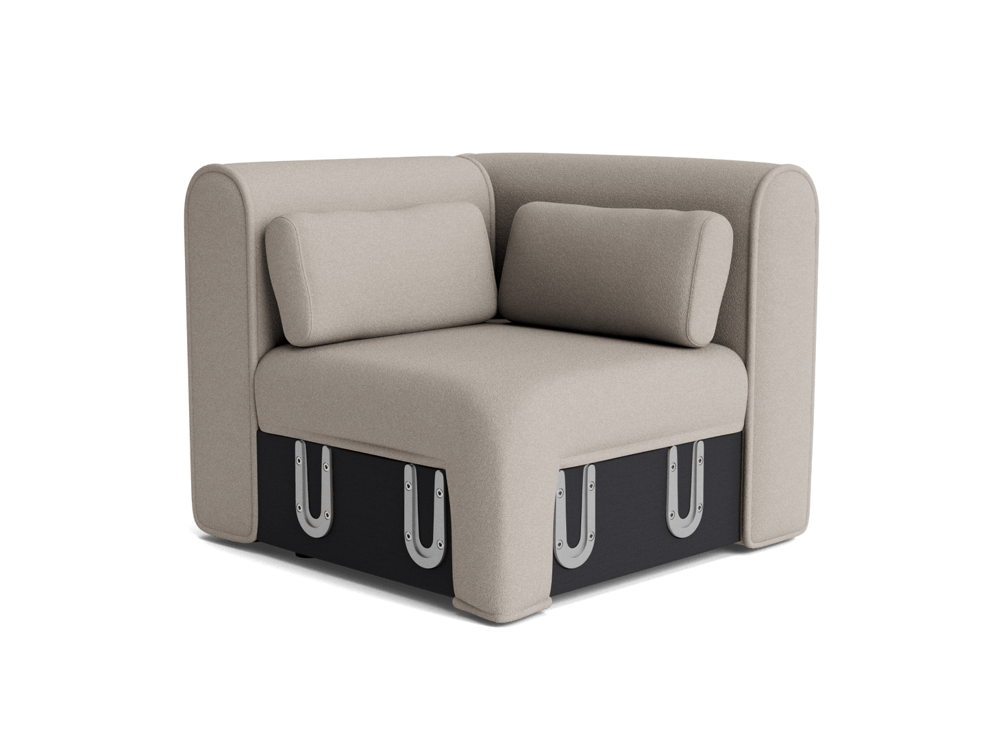 Modern beige corner sofa with two matching cushions and visible black metal base clips.