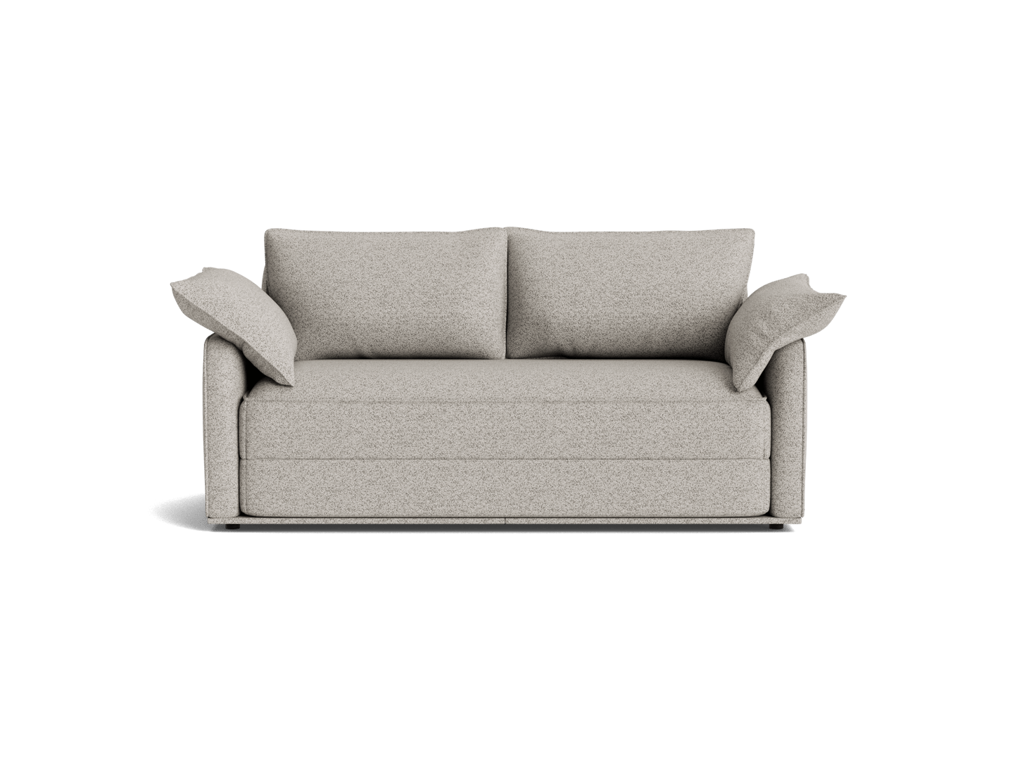 Light grey fabric loveseat with two seat cushions and two back pillows. Features angled armrests, suitable for modern living spaces.
