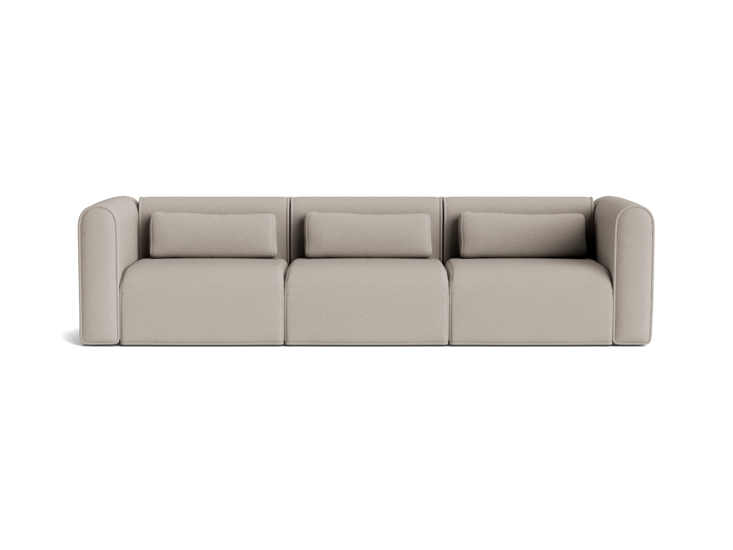 Light grey three-seater modular sofa with rounded armrests and matching cushions on a white background.