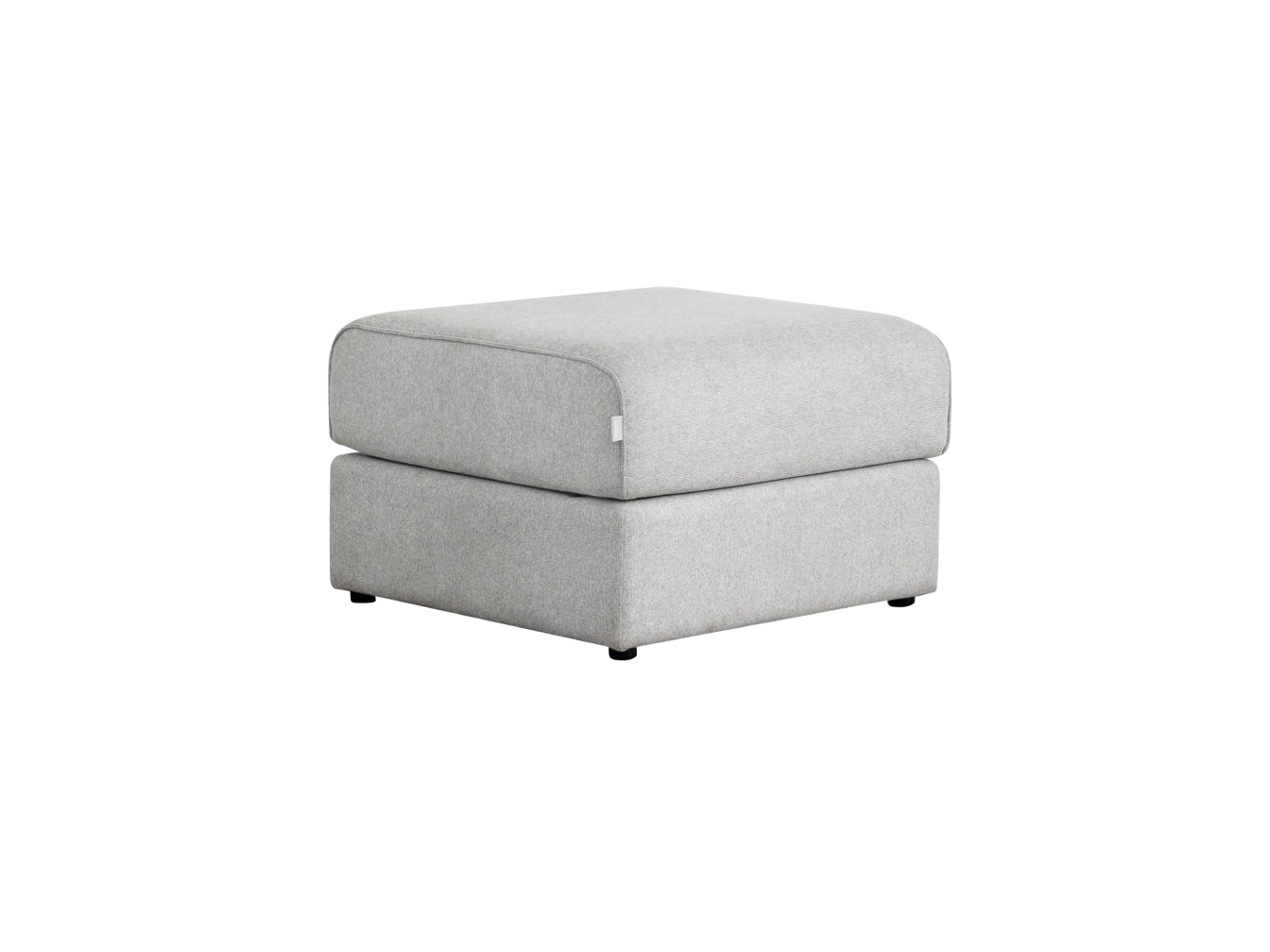 Light grey upholstered ottoman with a square shape and smooth fabric, suitable for living room decor.