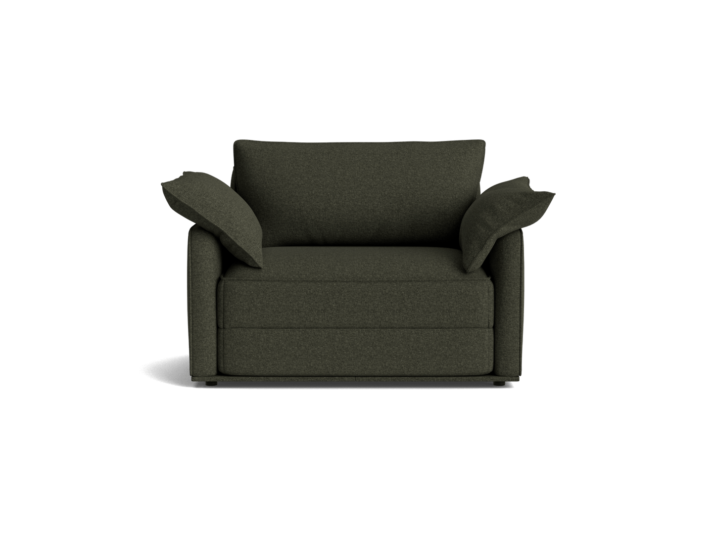 Dark green armchair with plush cushions and wide armrests, perfect for a cosy living room setting.