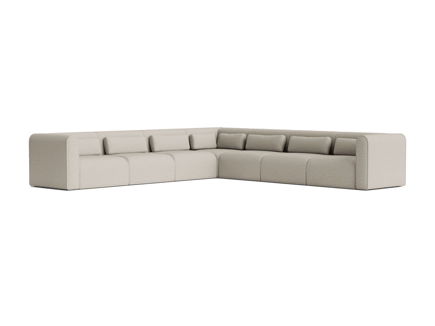 Beige L-shaped sectional sofa with low back and wide armrests. Modern design, upholstered fabric, suitable for a spacious living room.